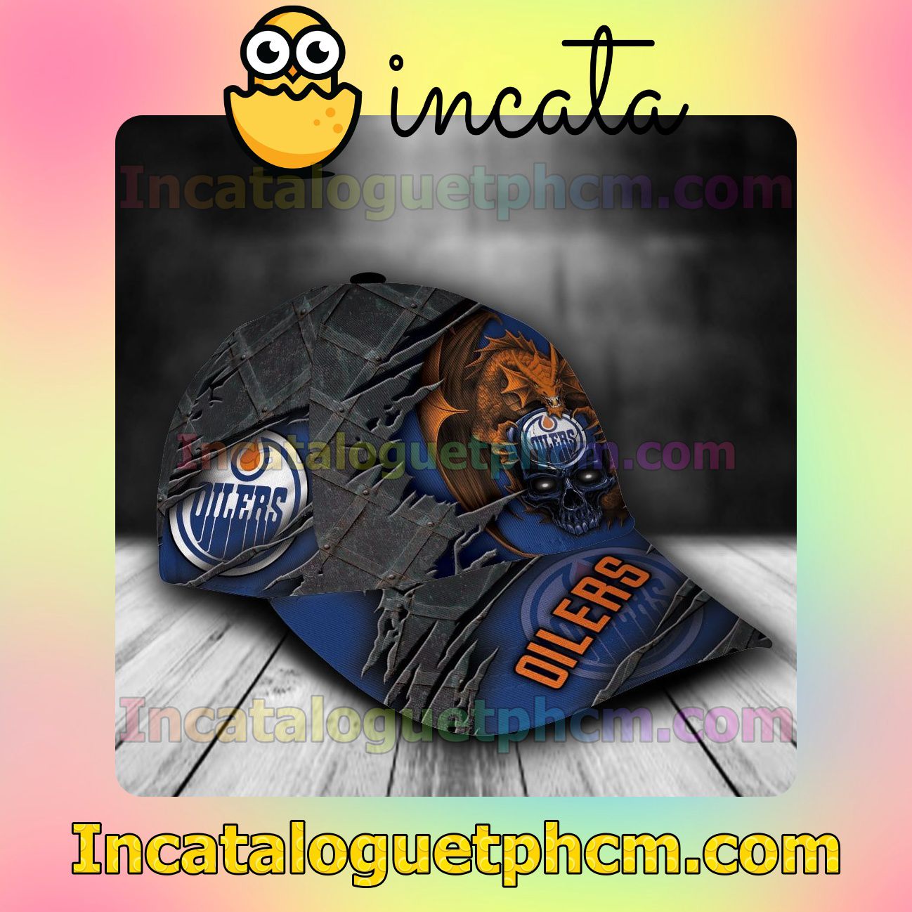 Print On Demand Edmonton Oilers Dragon Crack 3D NHL Customized Hat Caps