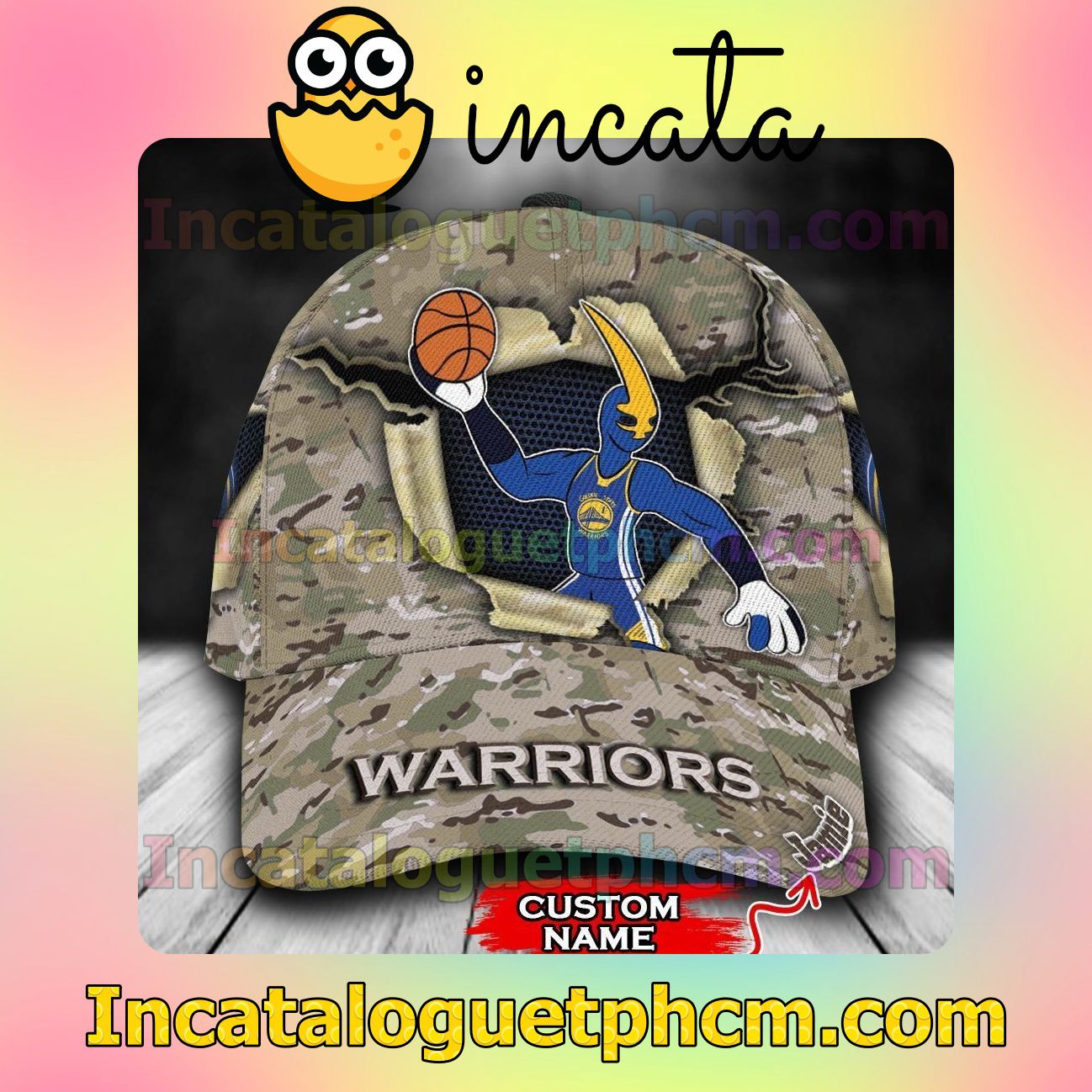Check out Golden State Warriors Camo Mascot NBA Customized Hat Caps