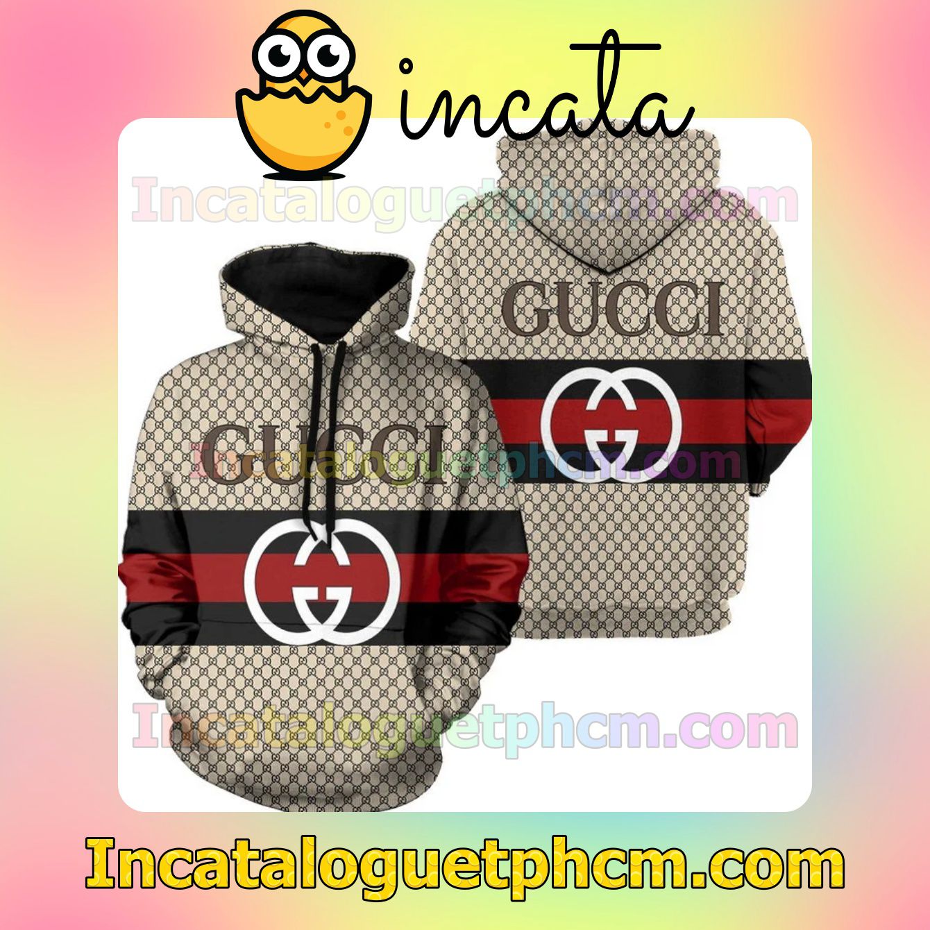 Gucci Beige Monogram With Black And Red Stripes Center Nike Zip Up Hoodie