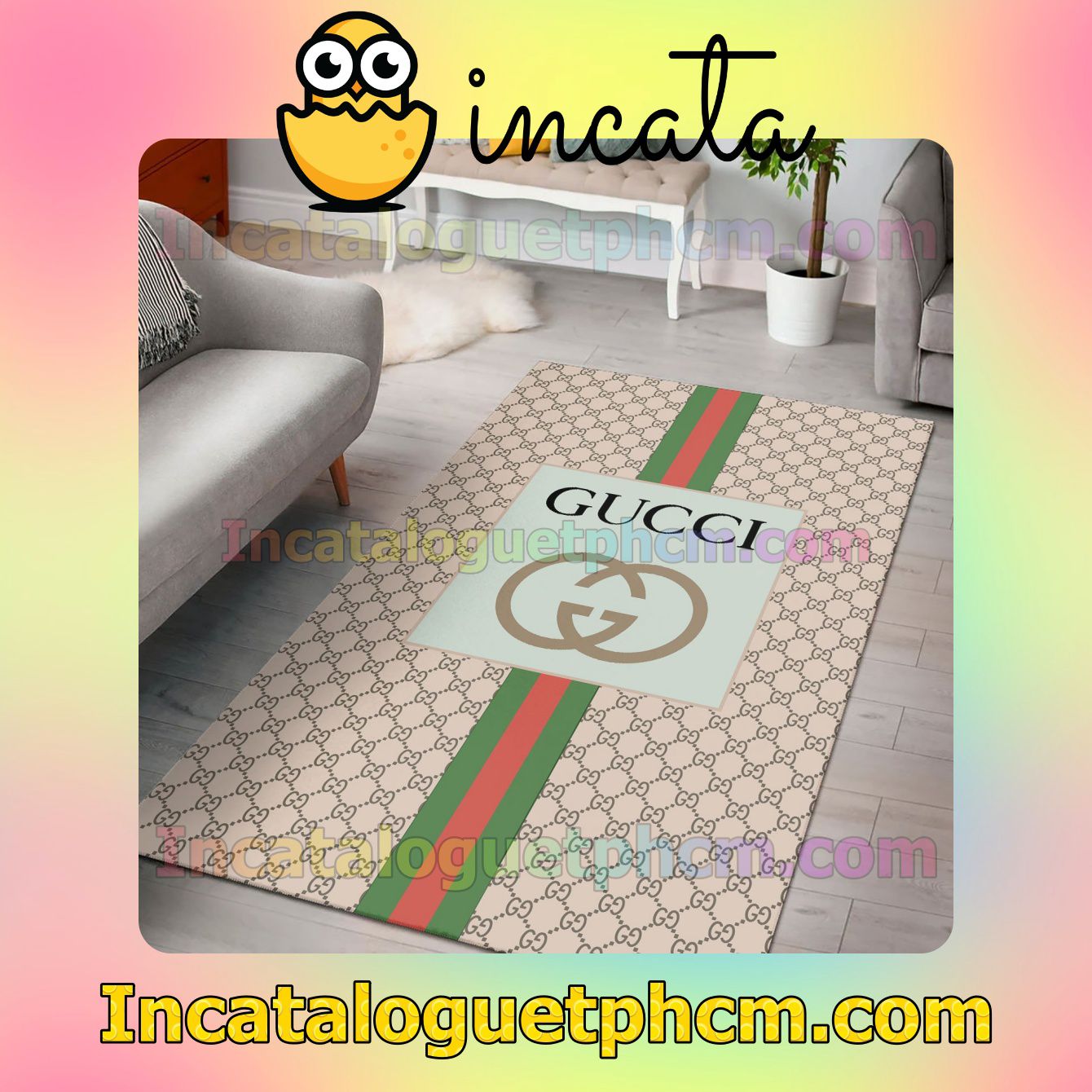Gucci Beige Monogram With Logo In Green Square And Color Stripes Carpet Rugs For Kitchen
