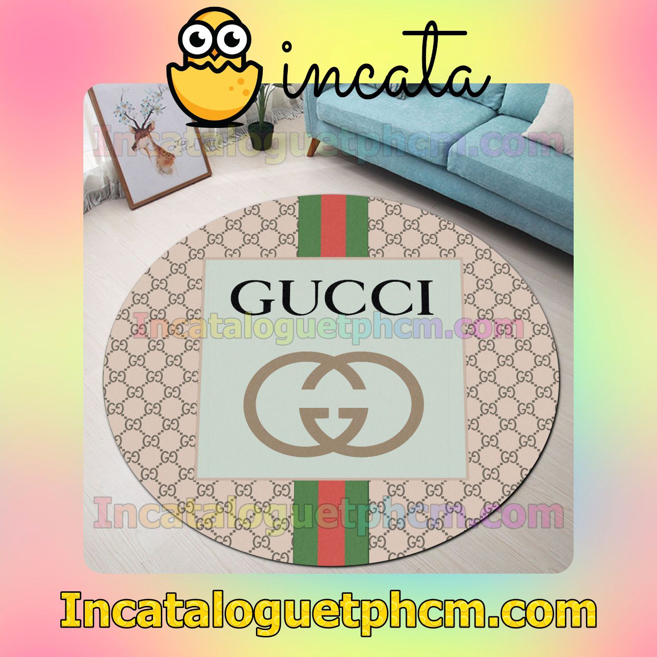 Gucci Beige Monogram With Logo In Green Square And Color Stripes Round Carpet Rugs For Kitchen