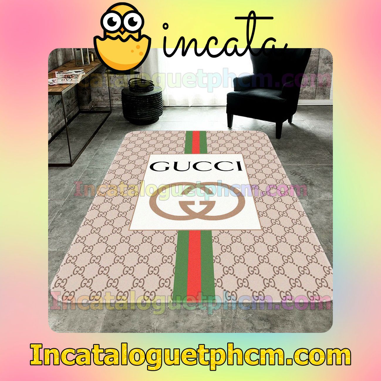 Gucci Beige Monogram With Logo In White Square And Color Stripes Carpet Rugs For Kitchen