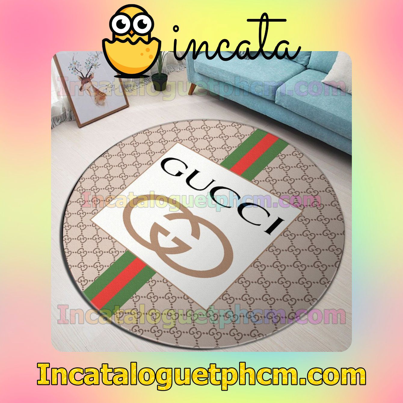 Gucci Beige Monogram With Logo In White Square And Color Stripes Round Carpet Rugs For Kitchen