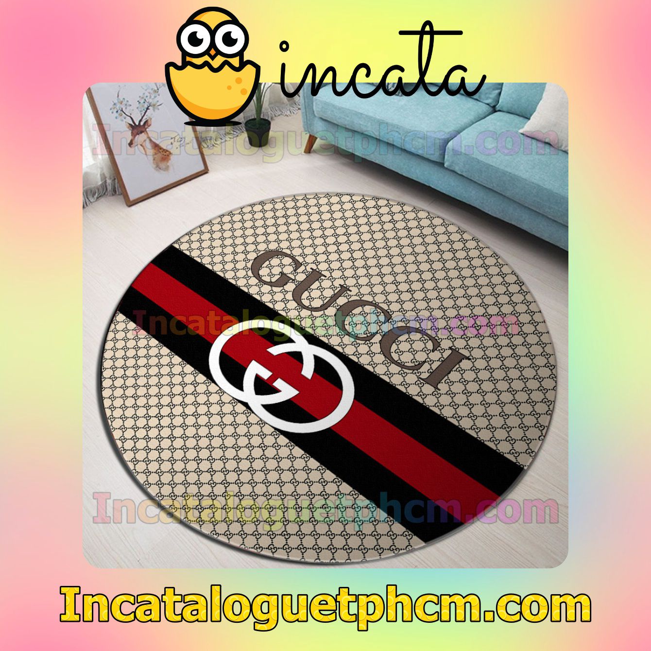 Gucci Beige Monogram With Logo On Black And Red Stripes Round Carpet Rugs For Kitchen