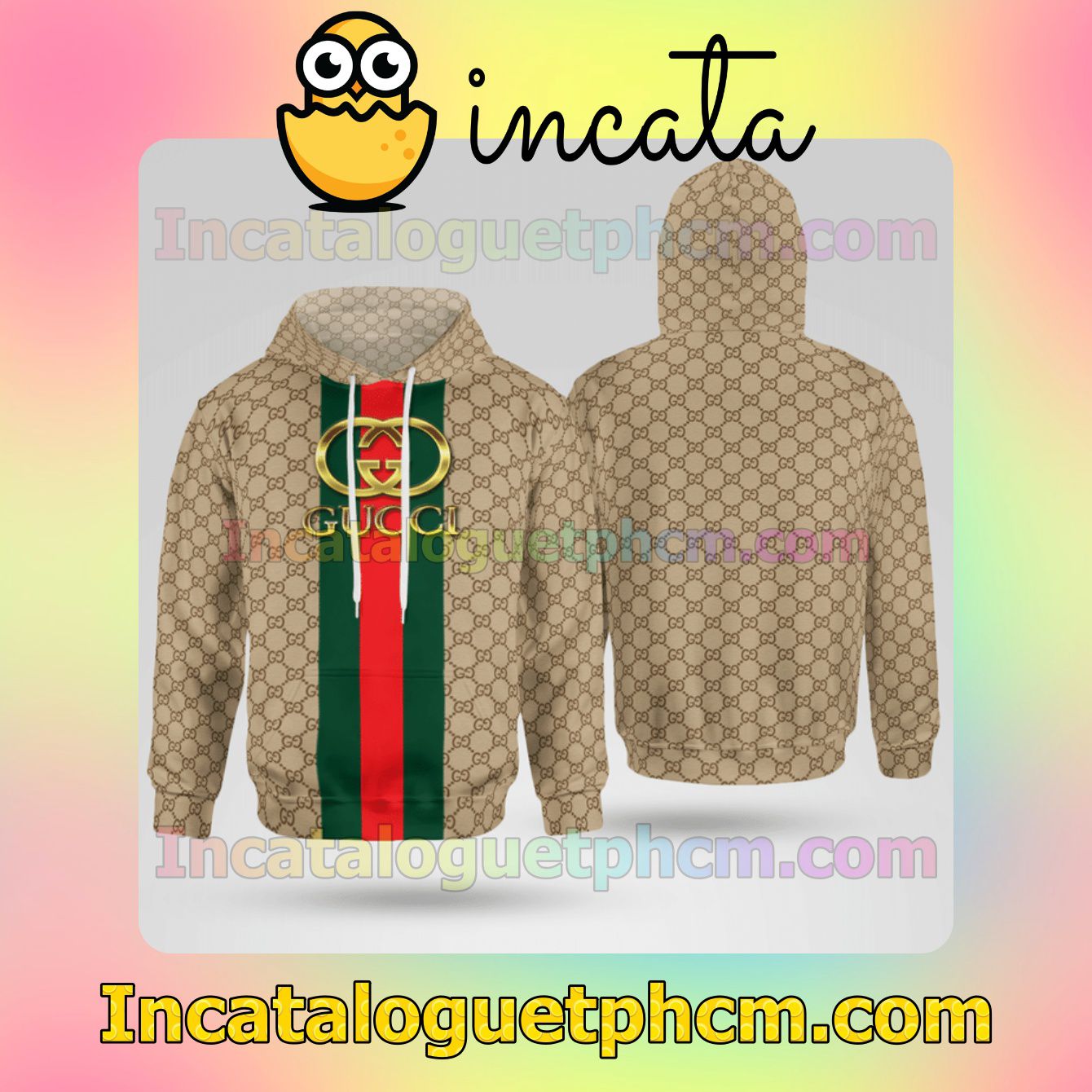 Gucci Beige Monogram With Logon On Black And Red Vertical Stripes Nike Zip Up Hoodie