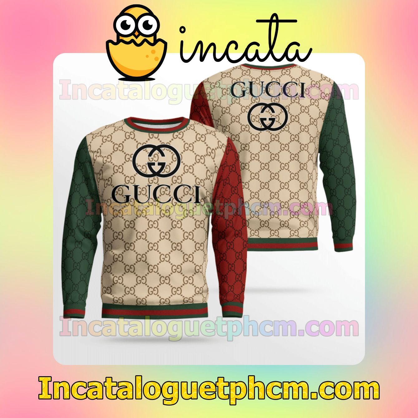 Gucci Beige Monogram With Red And Green Sleeves Wool Sweater Sweatshirt Gift For Mom