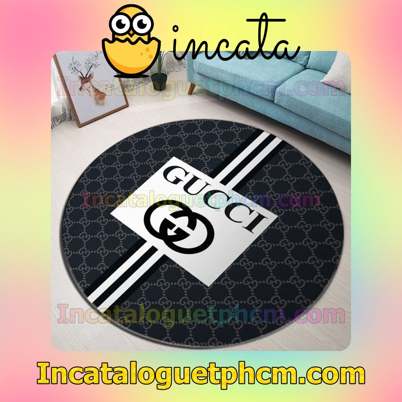 Gucci Big Logo In White Square Navy Round Carpet Rugs For Kitchen