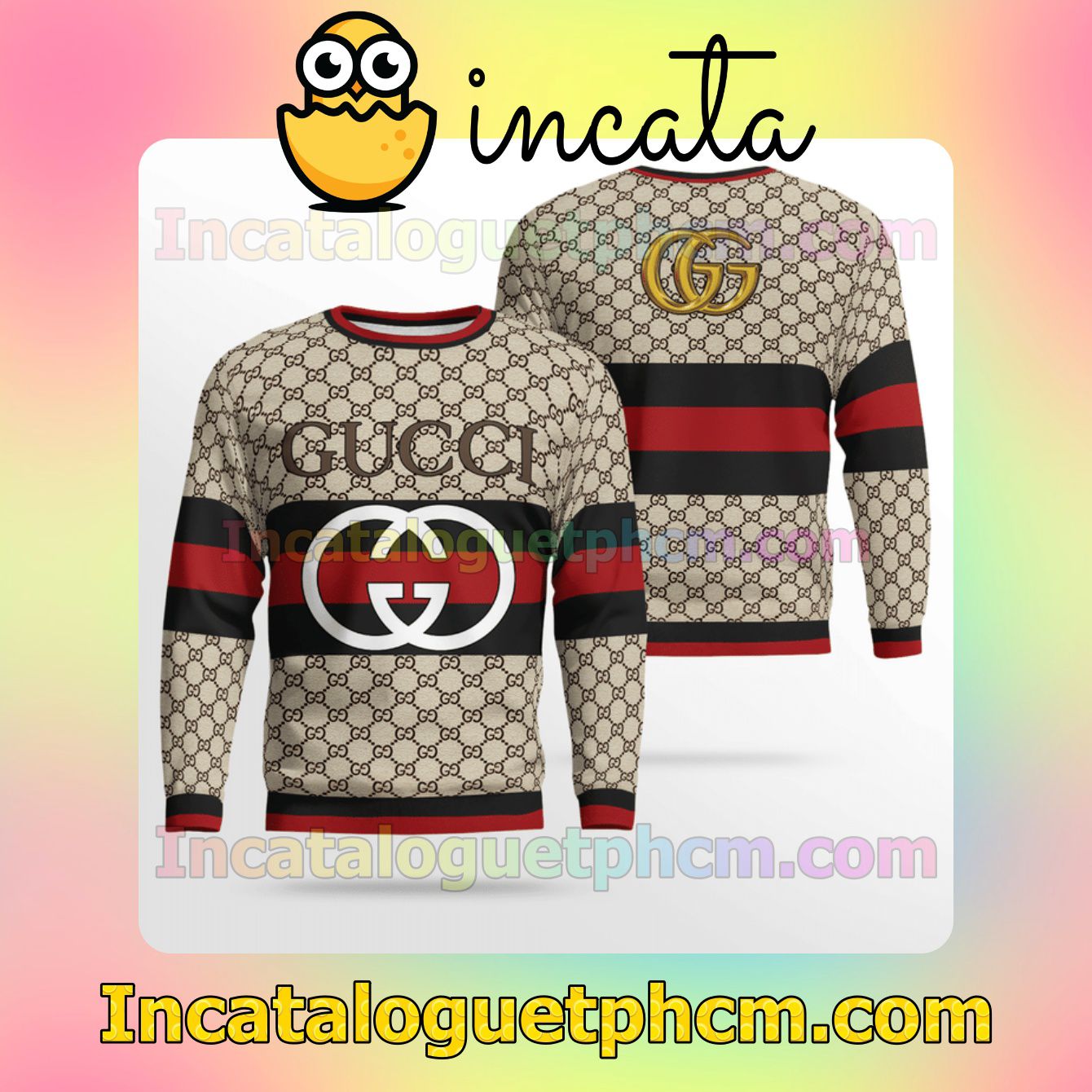 Gucci Big Logo On Black And Red Stripes Wool Sweater Sweatshirt Gift For Mom