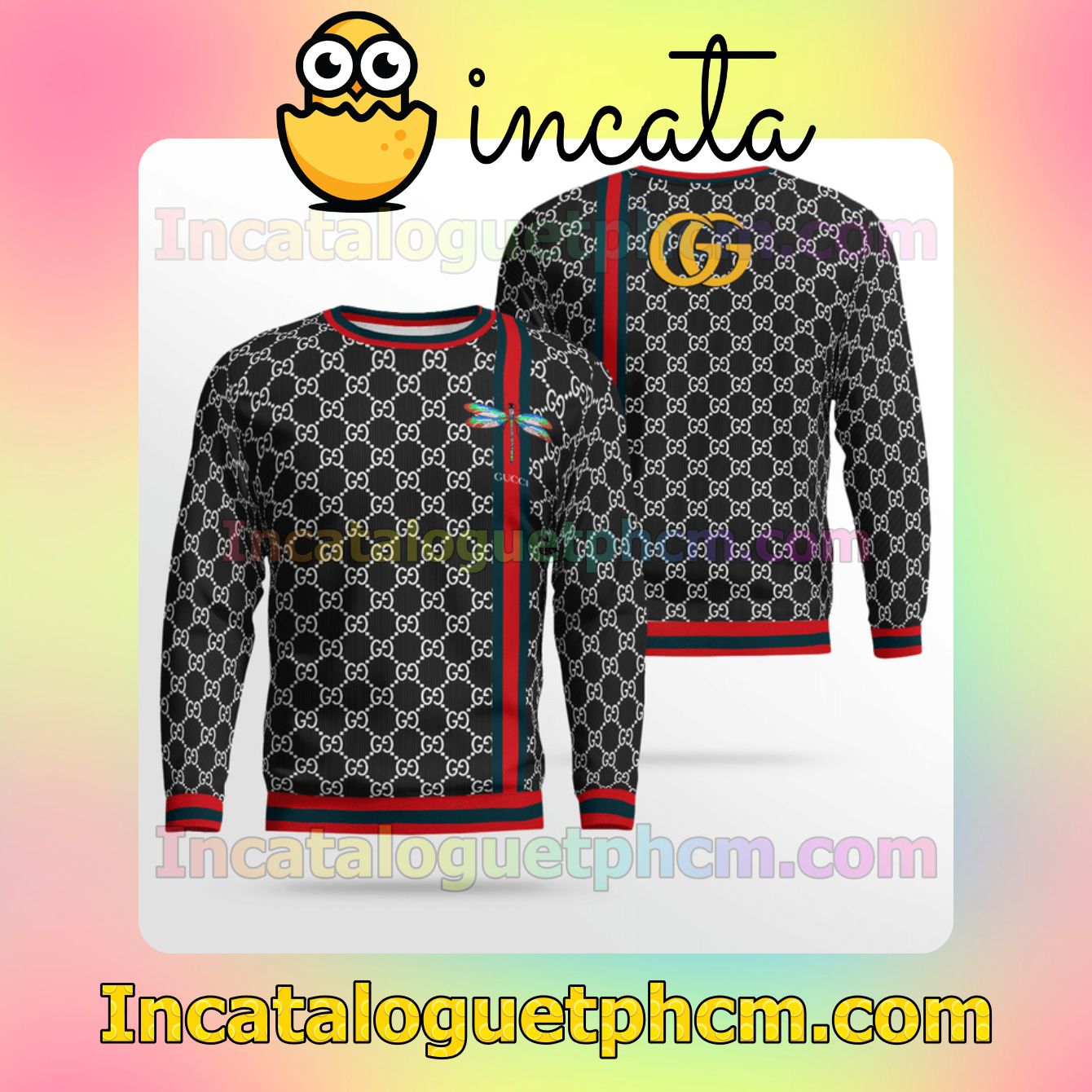 Gucci Black Monogram With Dragonfly On Color Stripes Wool Sweater Sweatshirt Gift For Mom