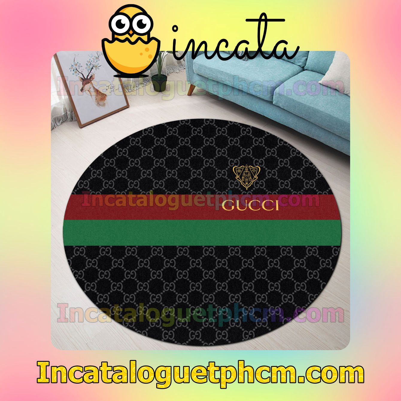Gucci Black Monogram With Museo Logo Red And Green Stripes Round Carpet Rugs For Kitchen