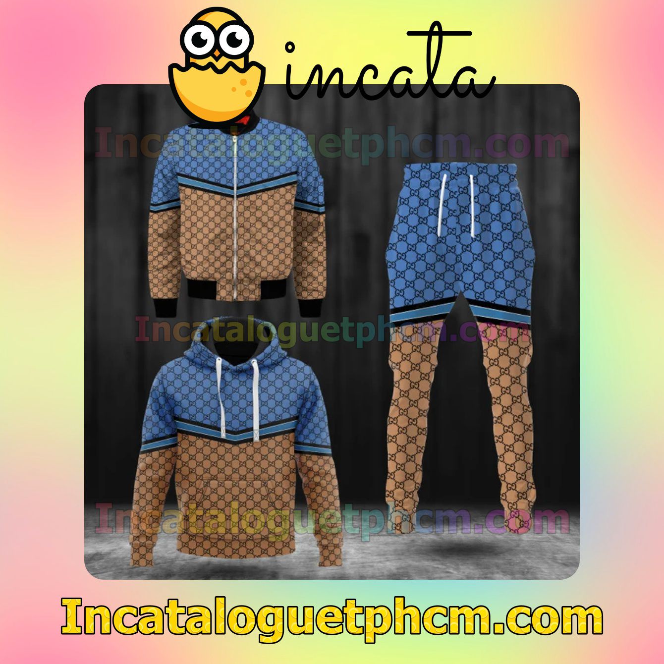 Gucci Blue And Brown Monogram Zipper Hooded Sweatshirt And Pants