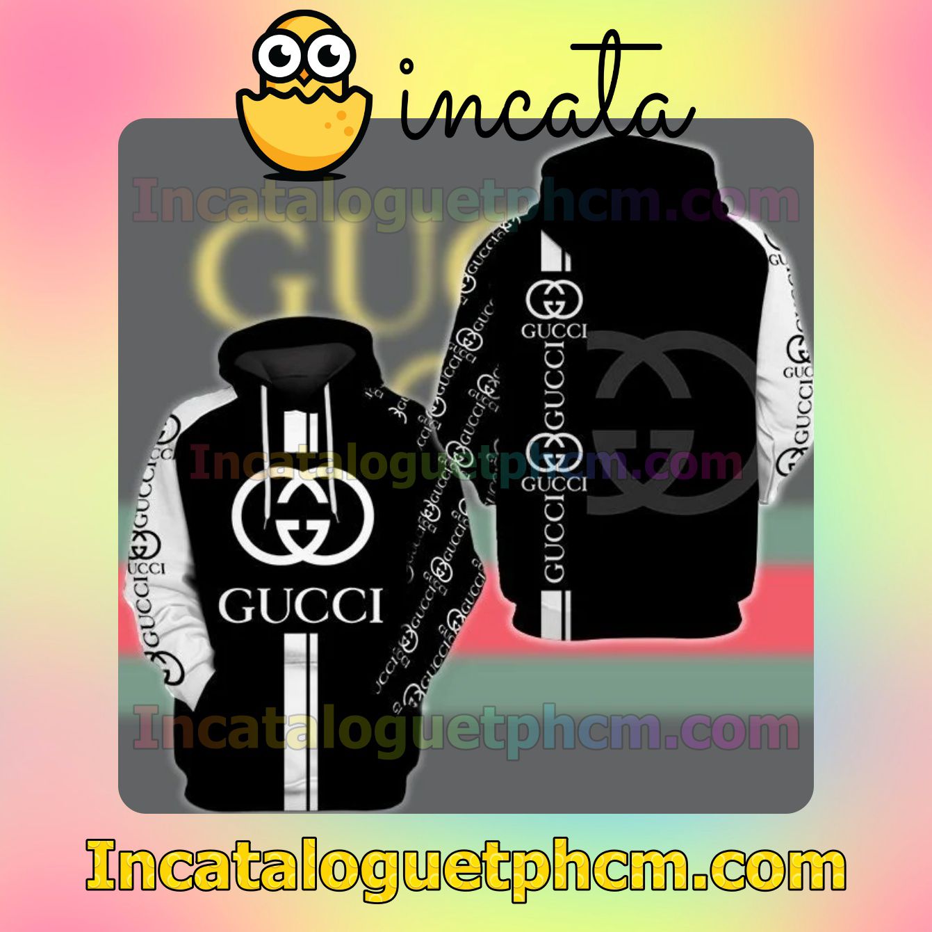 Gucci Brand Name And Logo Print Black And White Nike Zip Up Hoodie