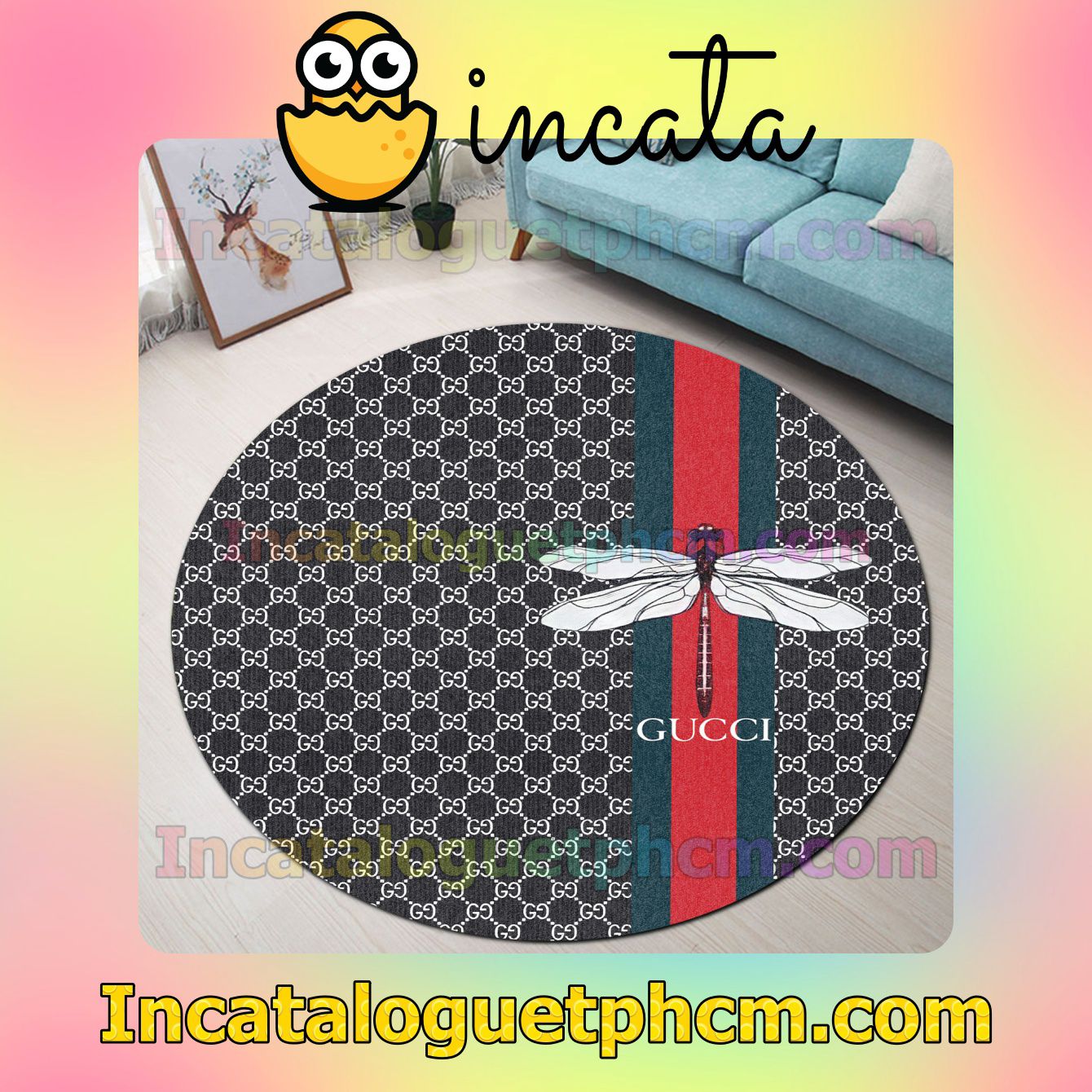 Gucci Dragonfly On Color Stripes Black Monogram Round Carpet Rugs For Kitchen