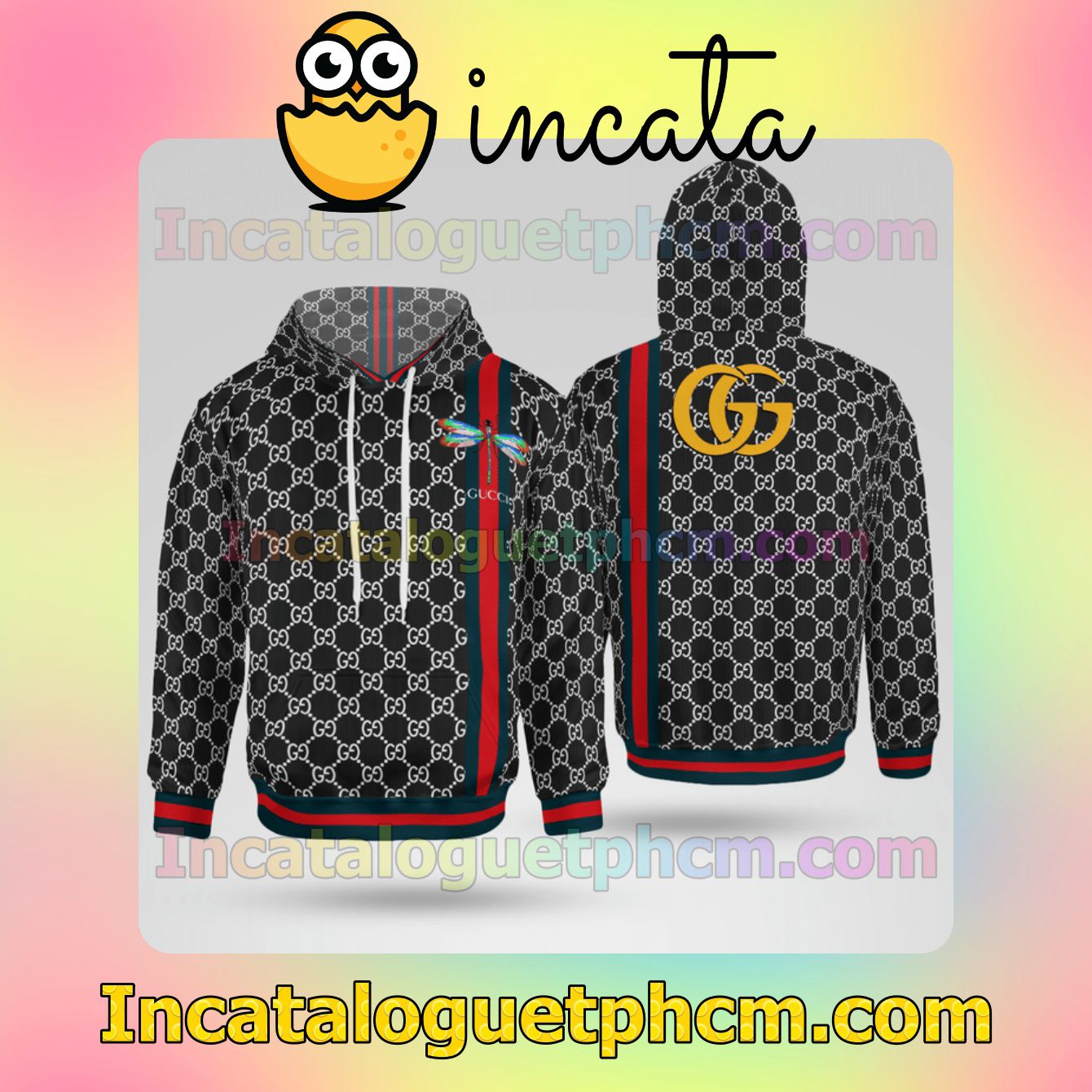 Gucci Dragonfly On Color Stripes Black Nike Zip Up Hoodie