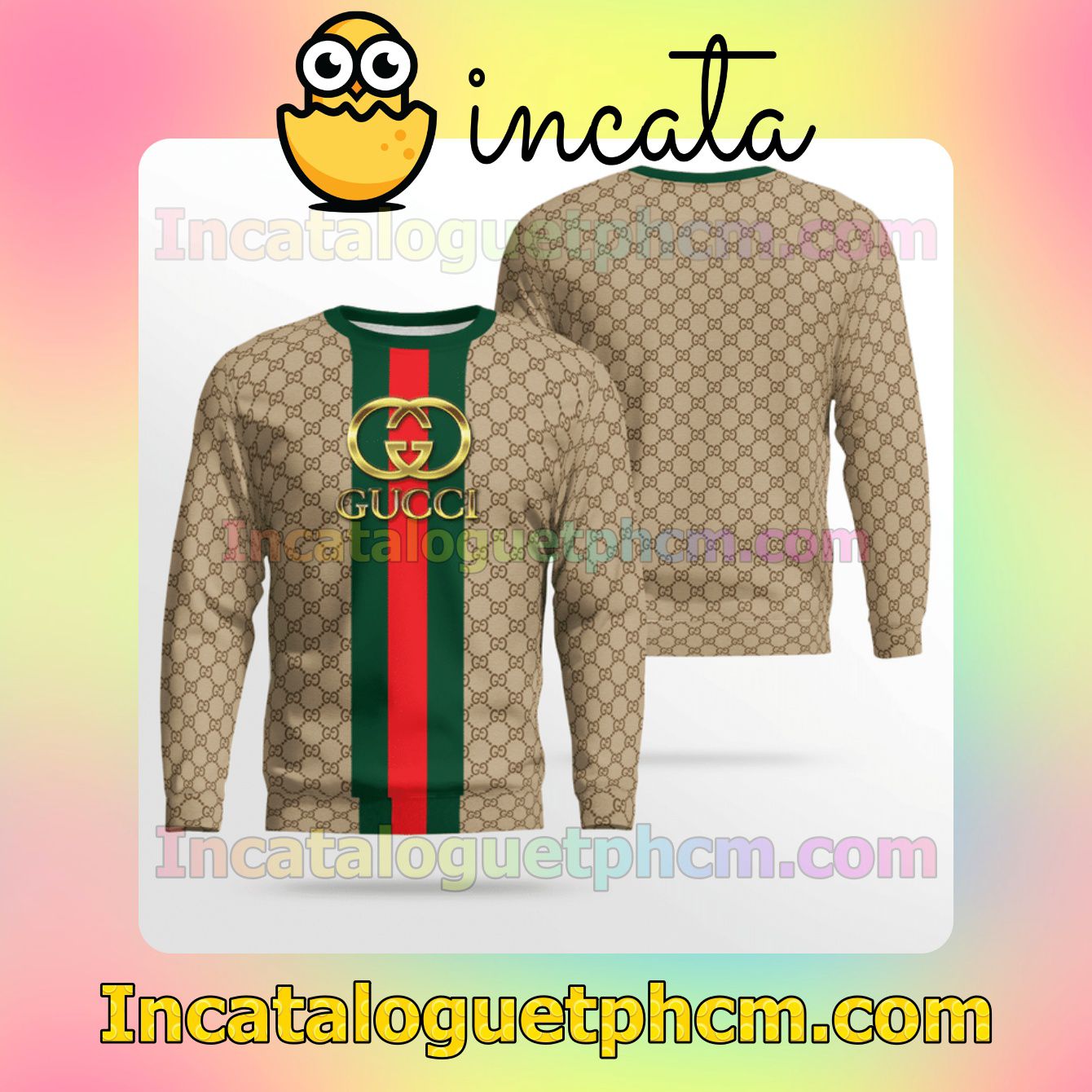 Gucci Gold Logo On Green And Red Vertical Stripes Wool Sweater Sweatshirt Gift For Mom