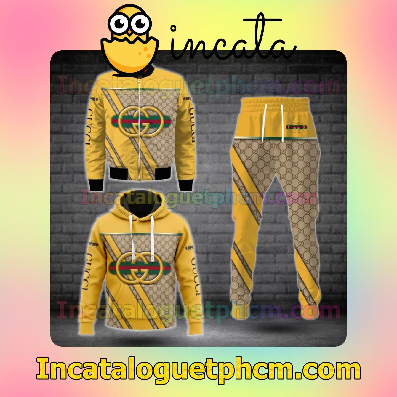 Gucci Logo Center Beige Monogram Mix Yellow Zipper Hooded Sweatshirt And Pants