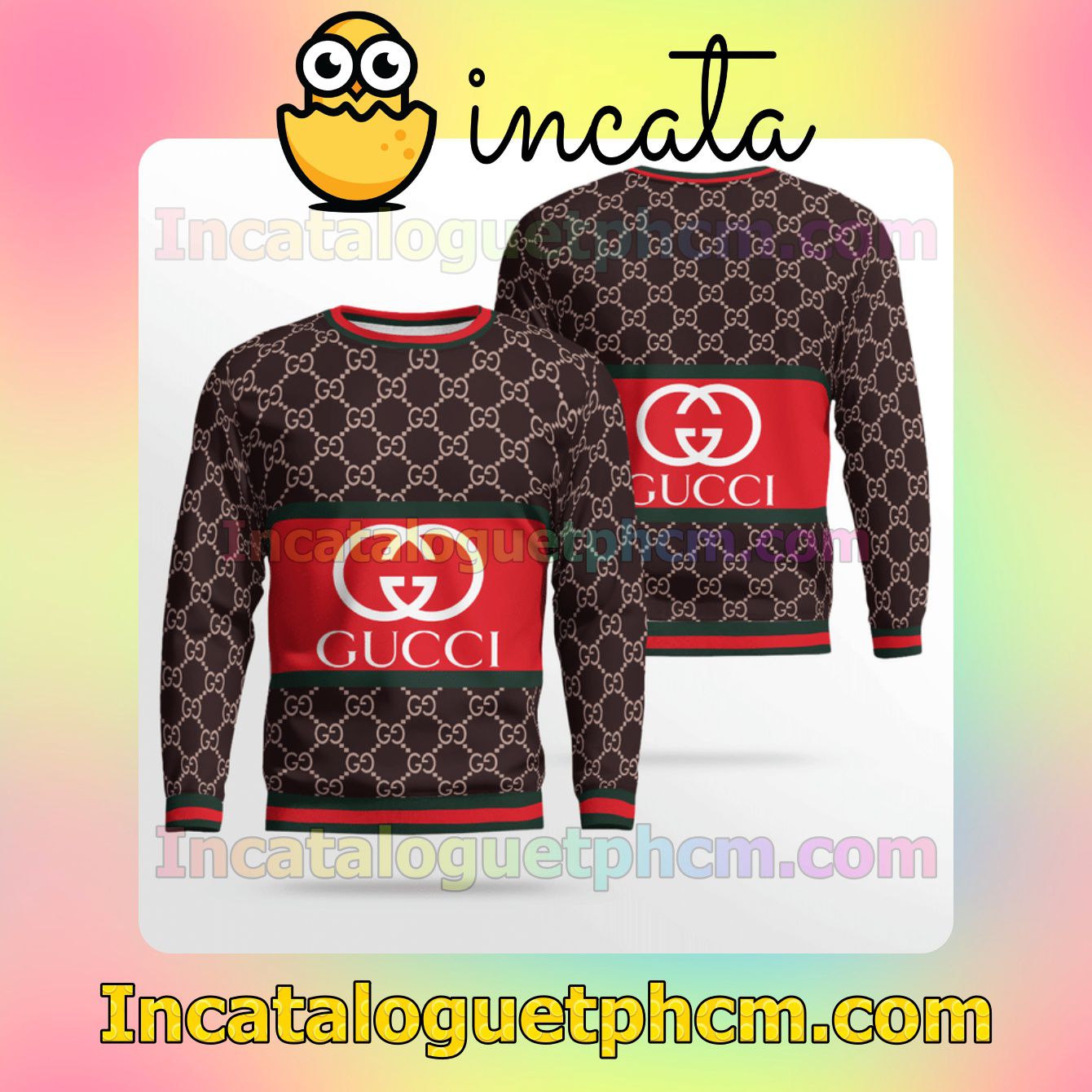 Gucci Logo On Red Dark Brown Monogram Wool Sweater Sweatshirt Gift For Mom