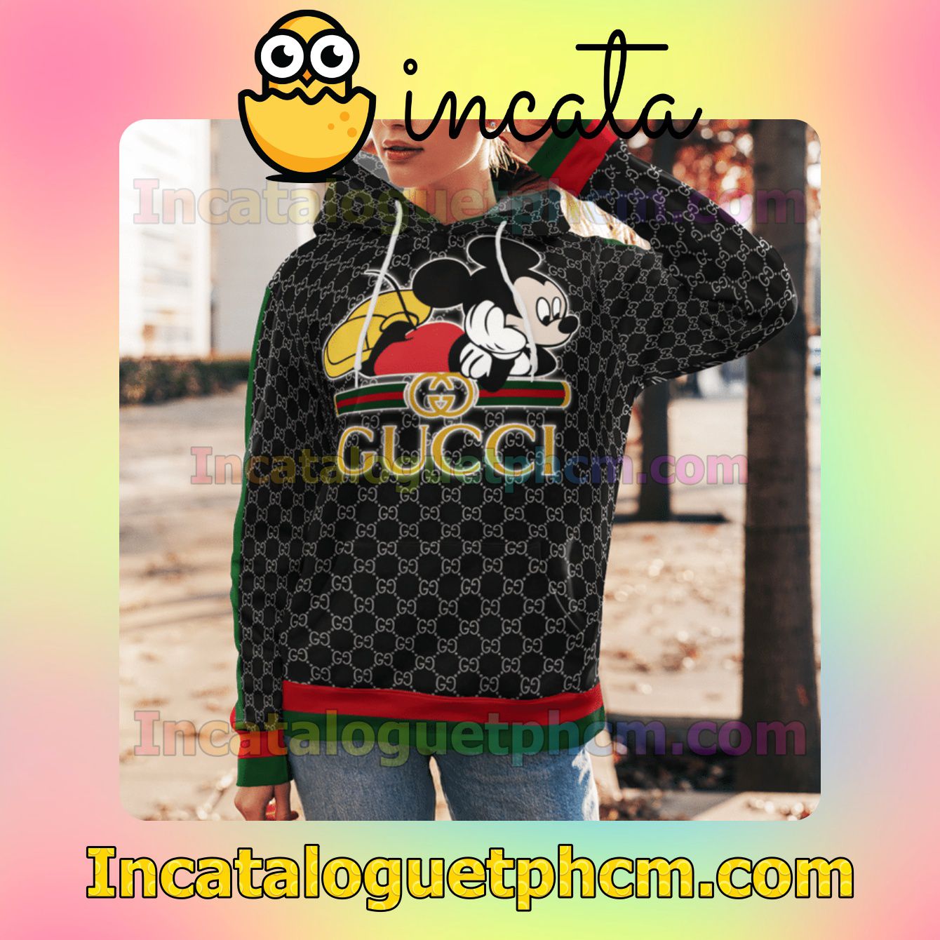 Perfect Gucci Mickey Mouse Black Monogram With Red And Green Stripes Nike Zip Up Hoodie