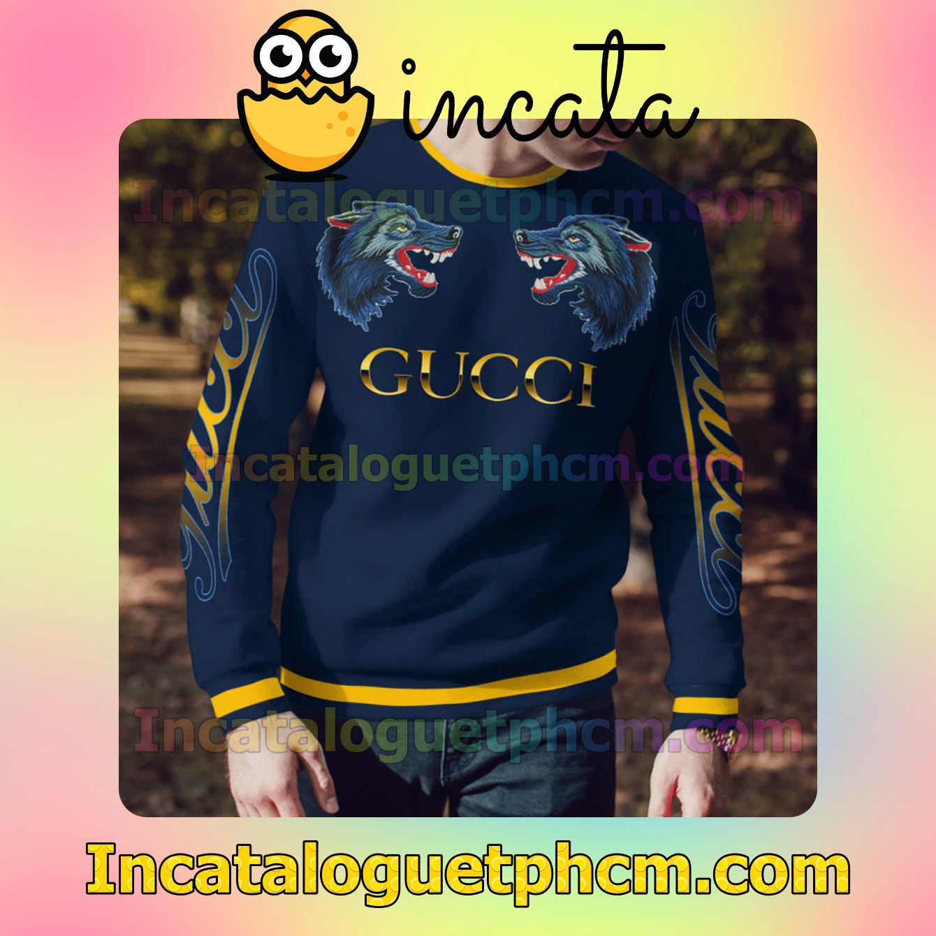 Real Gucci Wolf Face To Face Navy Wool Sweater Sweatshirt Gift For Mom