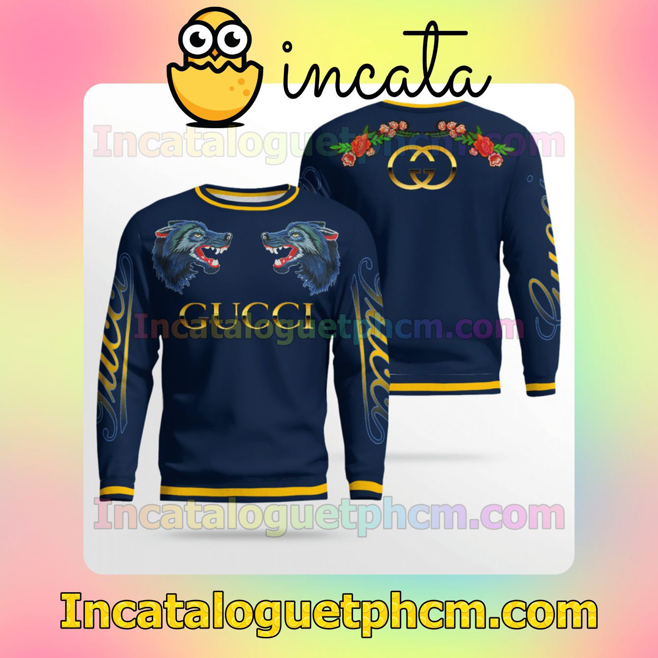 Gucci Wolf Face To Face Navy Wool Sweater Sweatshirt Gift For Mom
