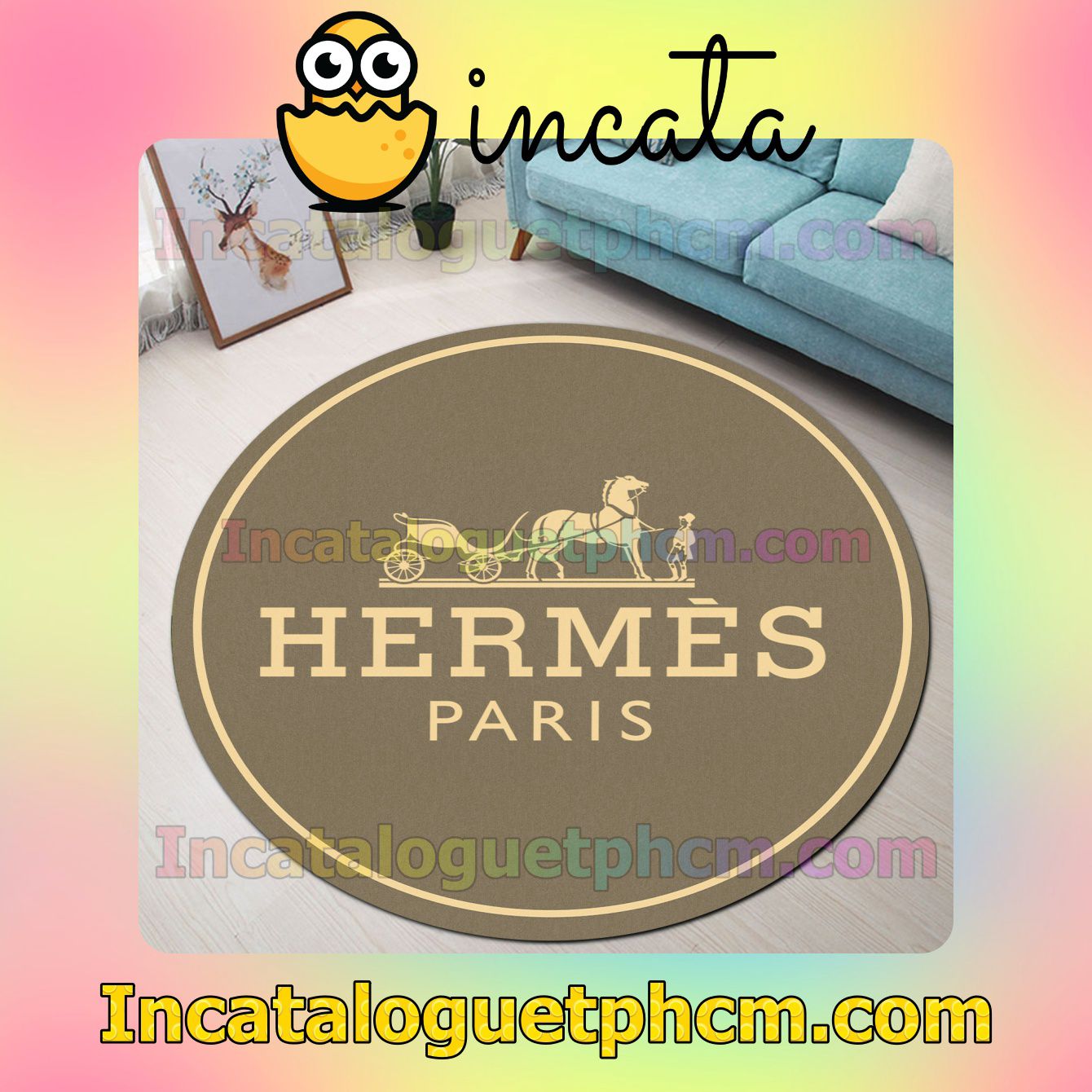 Hermes Paris Luxury Brand Light Brown Round Carpet Rugs For Kitchen