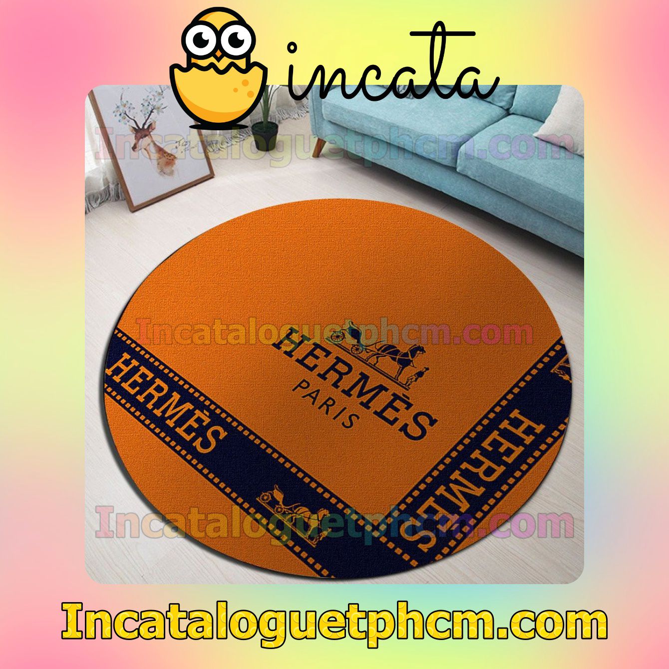 Hermes Paris Luxury Brand Perpendicular Lines Orange Round Carpet Rugs For Kitchen
