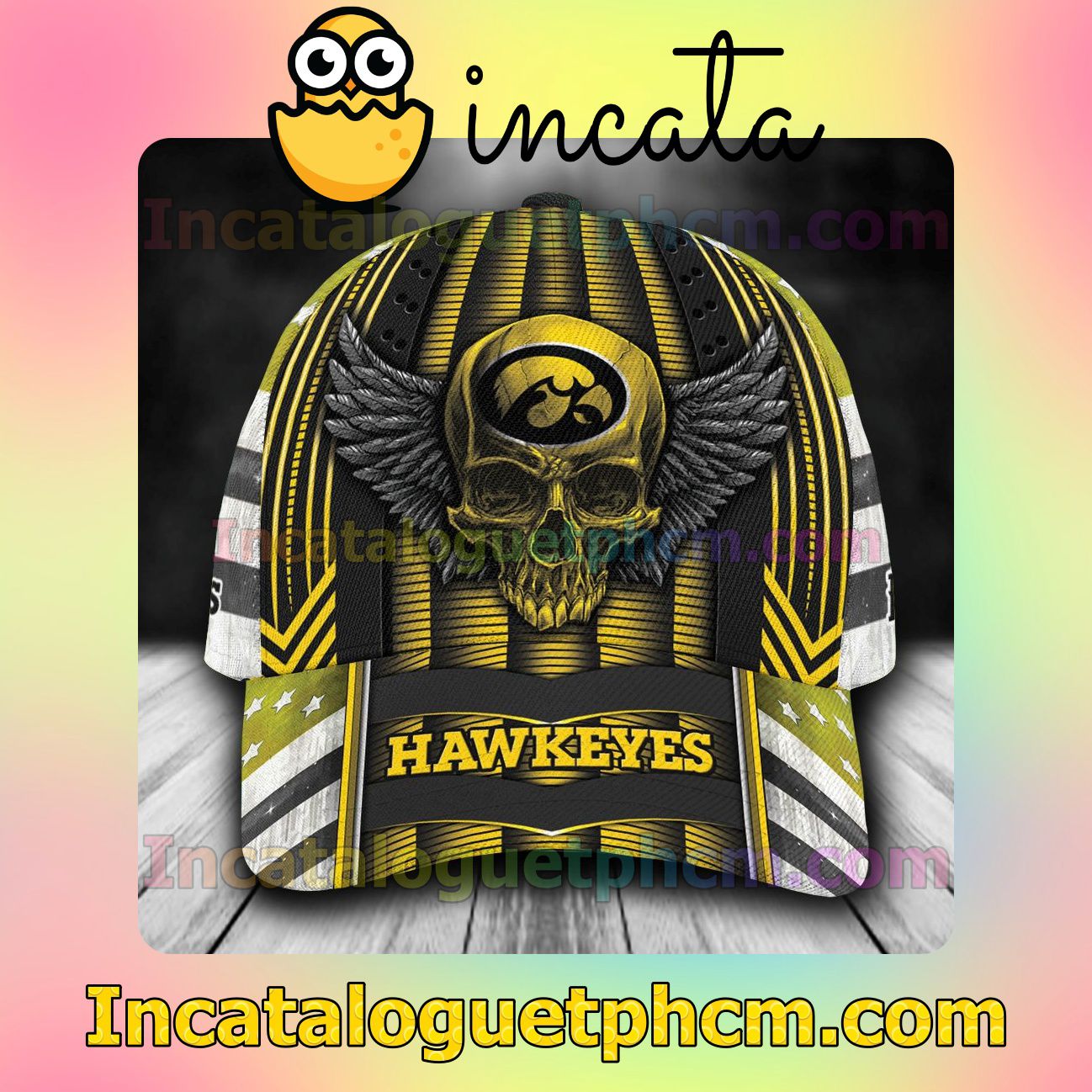 Order Iowa Hawkeyes Skull Flag NCAA Customized Hat Caps