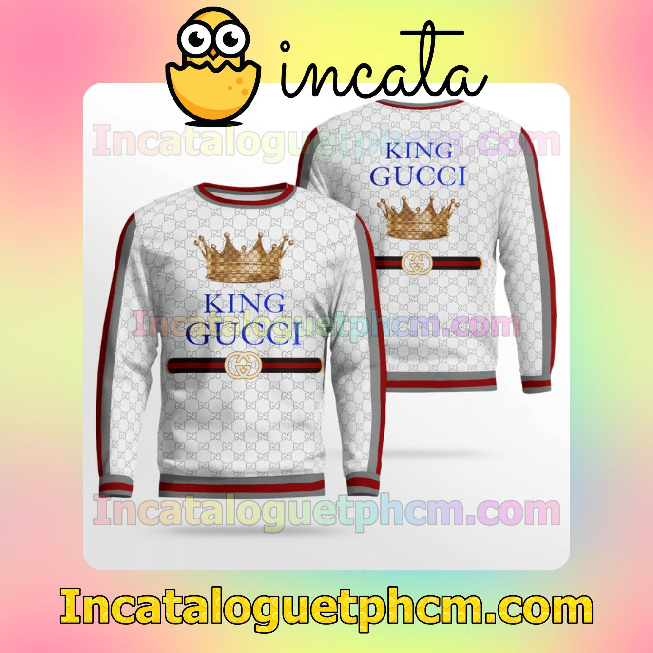 King Gucci Crown White Monogram With Black And Red Stripes Logo Wool Sweater Sweatshirt Gift For Mom