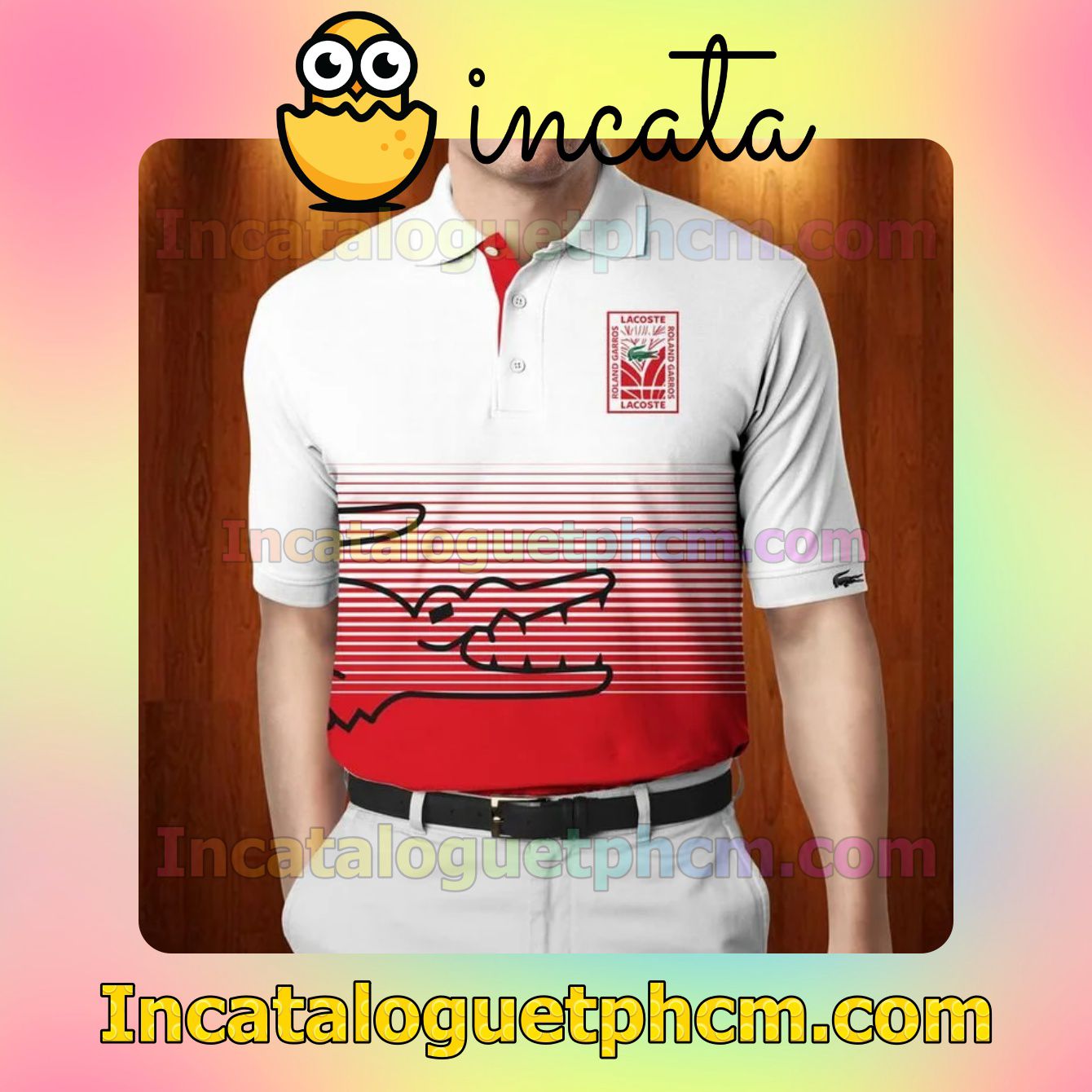 Lacoste Logo Print White And Red Polo Gift For Men Dad