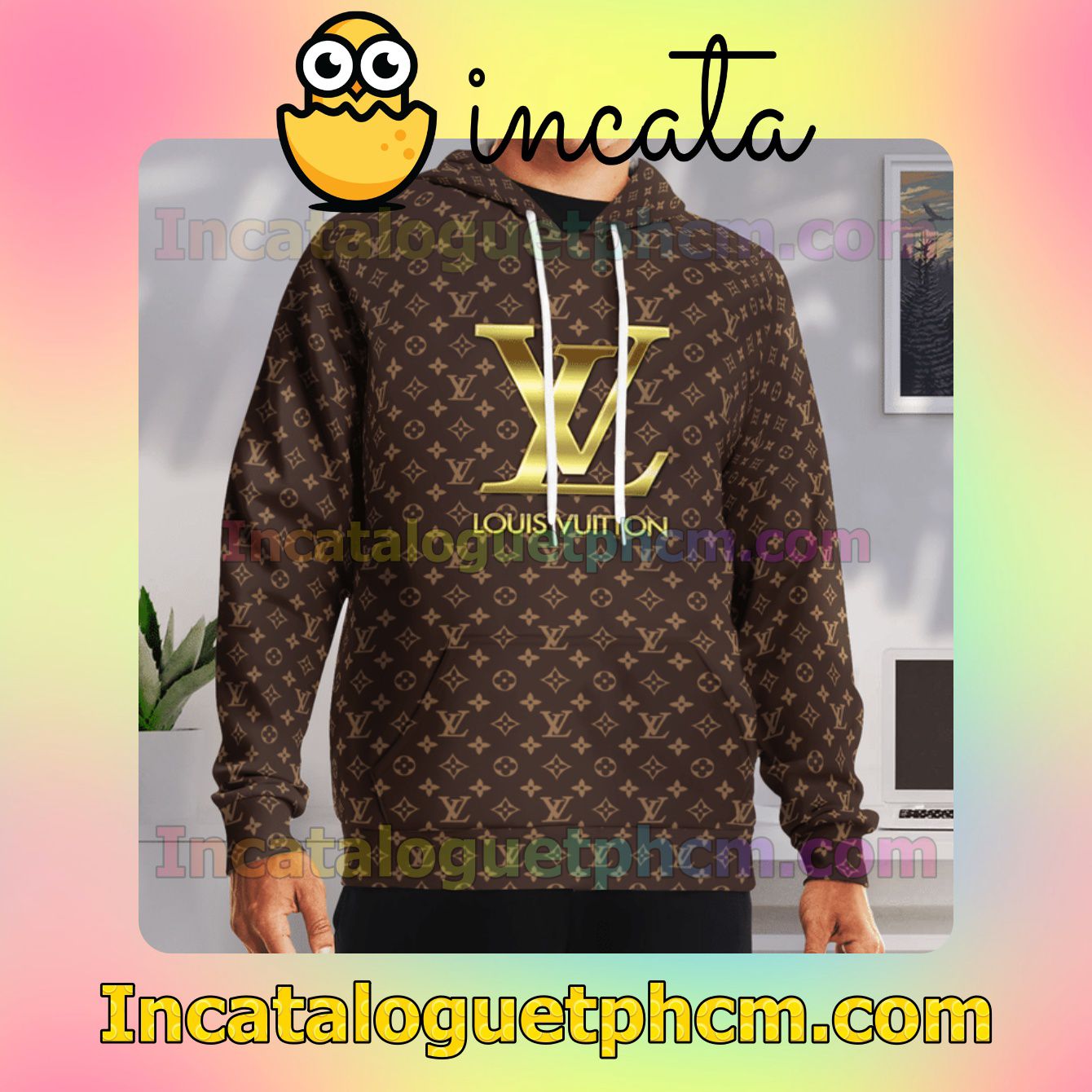 Vibrant Louis Vuitton Dark Brown Monogram With Big Gold Logo Center Nike Zip Up Hoodie