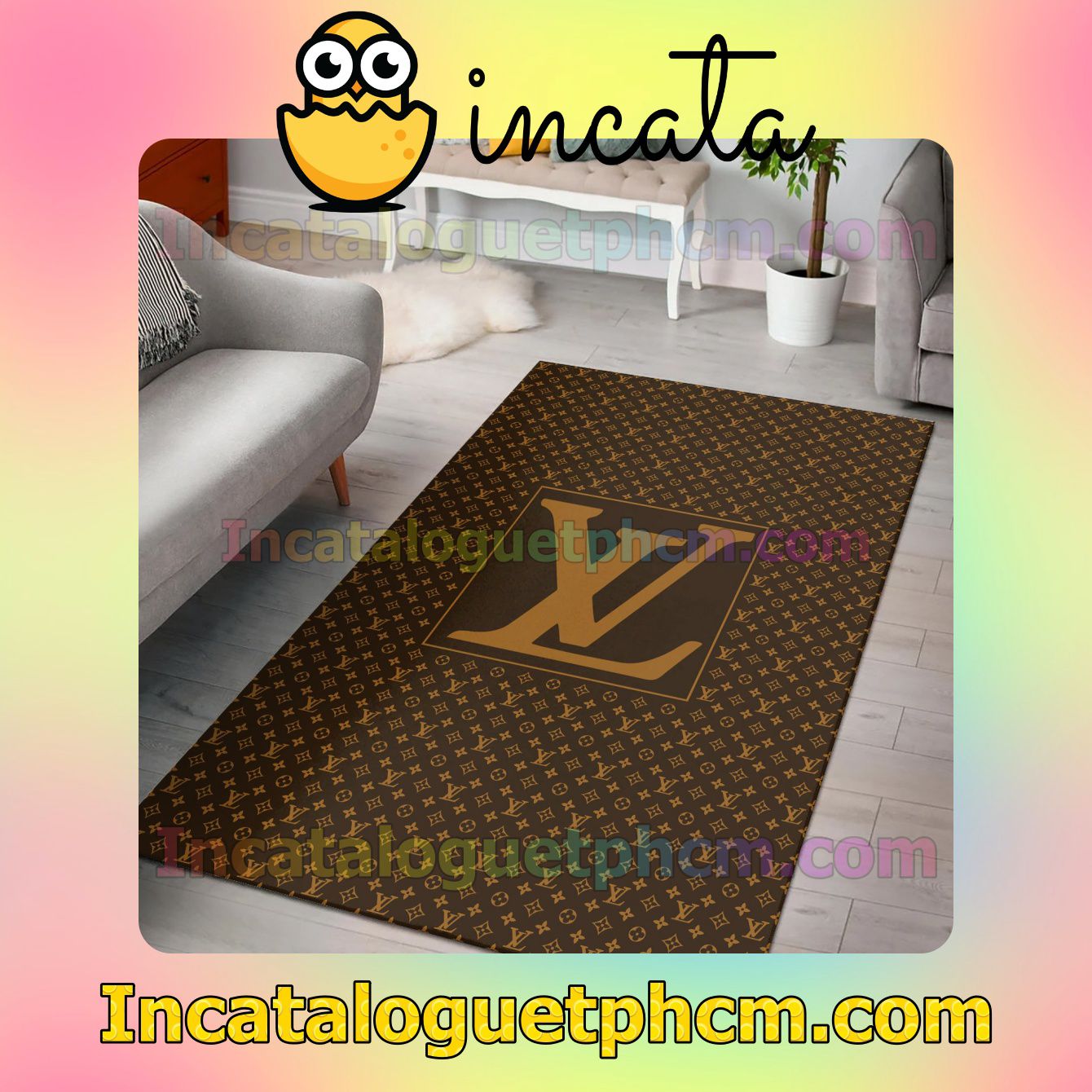 Louis Vuitton Dark Brown Monogram With Big Logo In Square Center Carpet Rugs For Kitchen