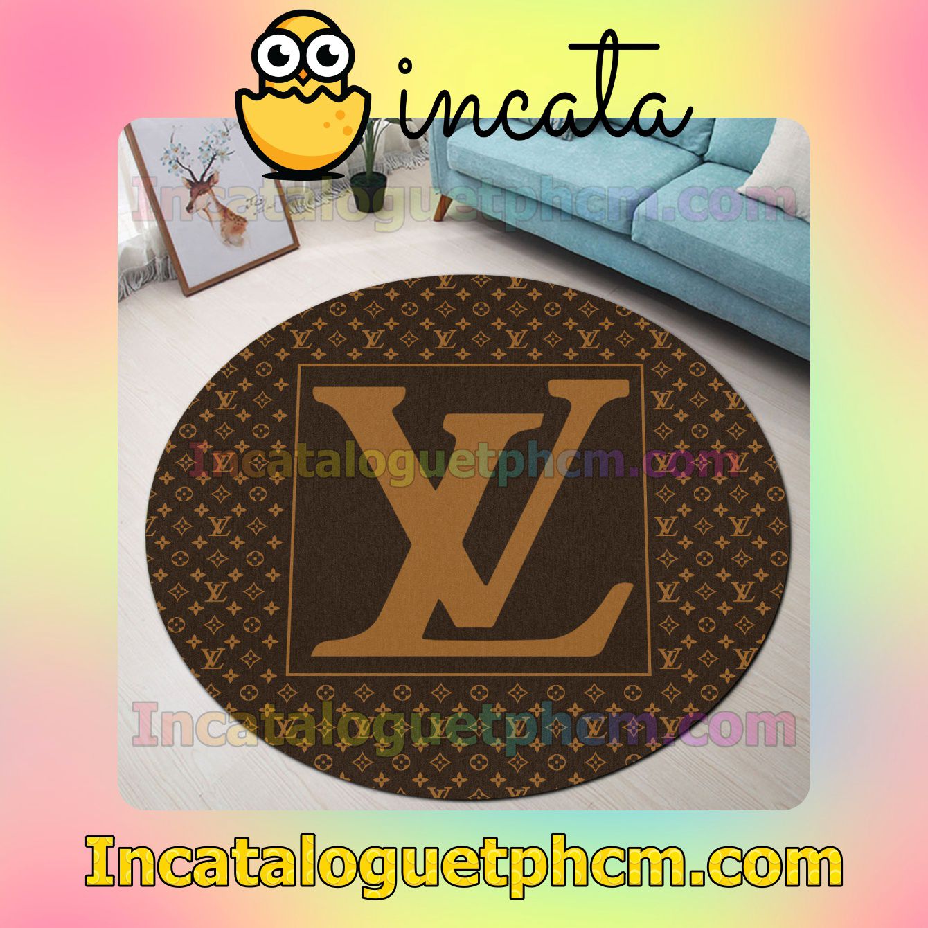 Louis Vuitton Dark Brown Monogram With Big Logo In Square Center Round Carpet Rugs For Kitchen