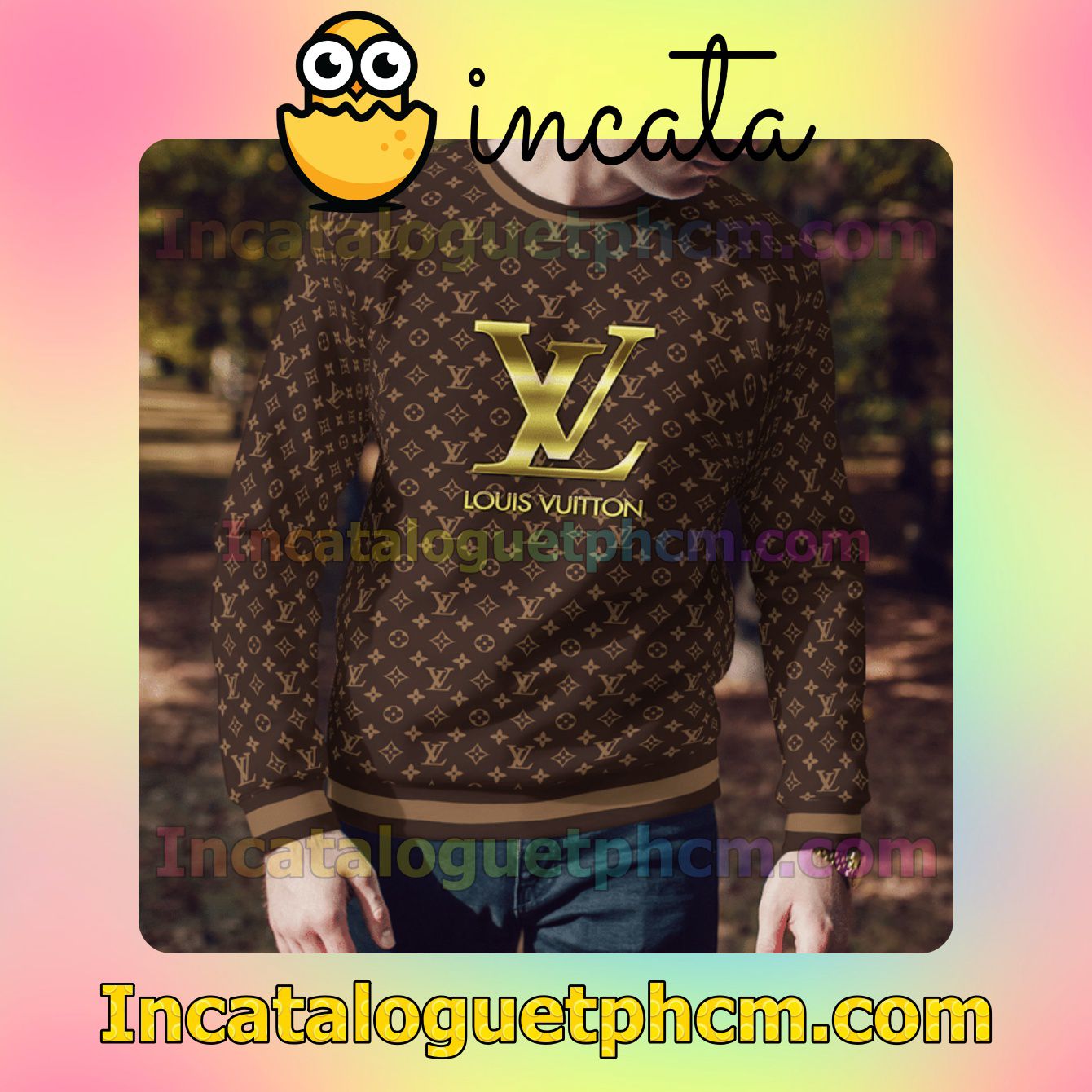 Louis Vuitton Dark Brown Monogram With Gold Logo Center Wool Sweater Sweatshirt Gift For Mom