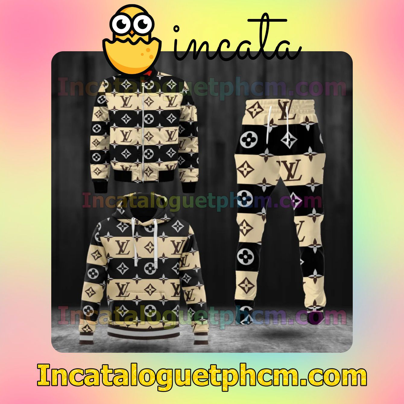 The cheapest Louis Vuitton Monogram Black And Beige Horizontal Stripes Zipper Hooded Sweatshirt And Pants
