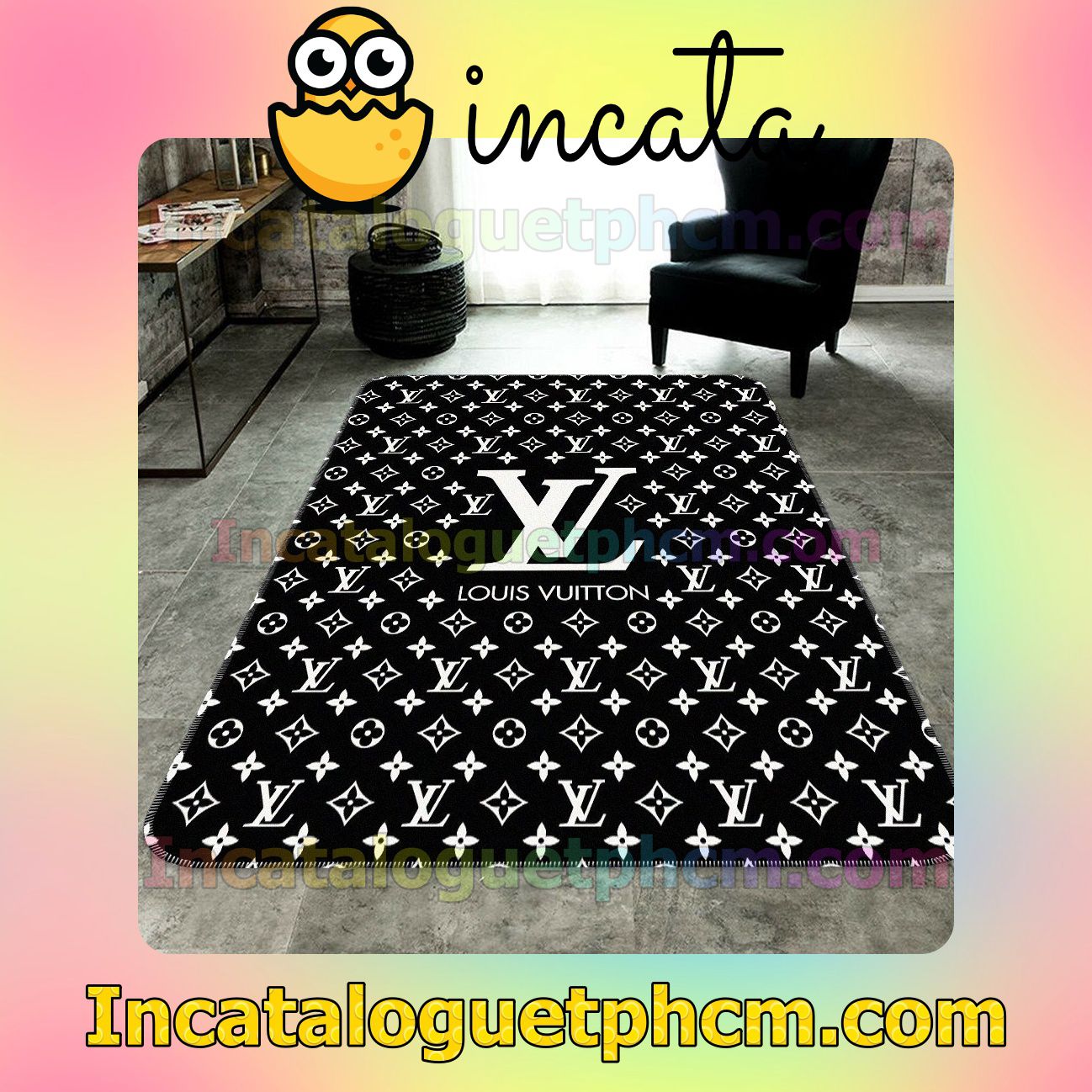 Louis Vuitton Monogram With Big Logo Center Black Carpet Rugs For Kitchen