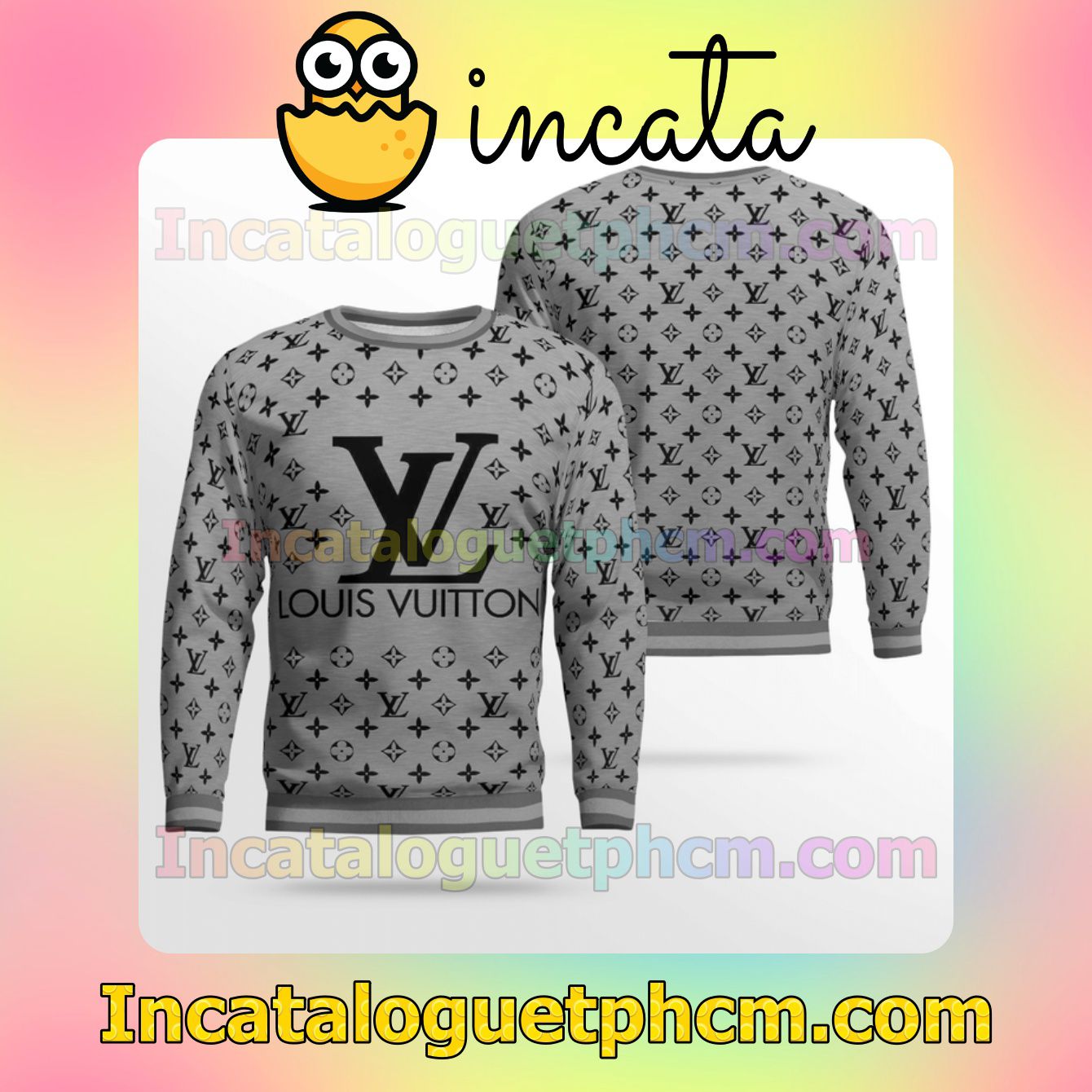 Louis Vuitton Monogram With Big Logo Center Grey Wool Sweater Sweatshirt Gift For Mom