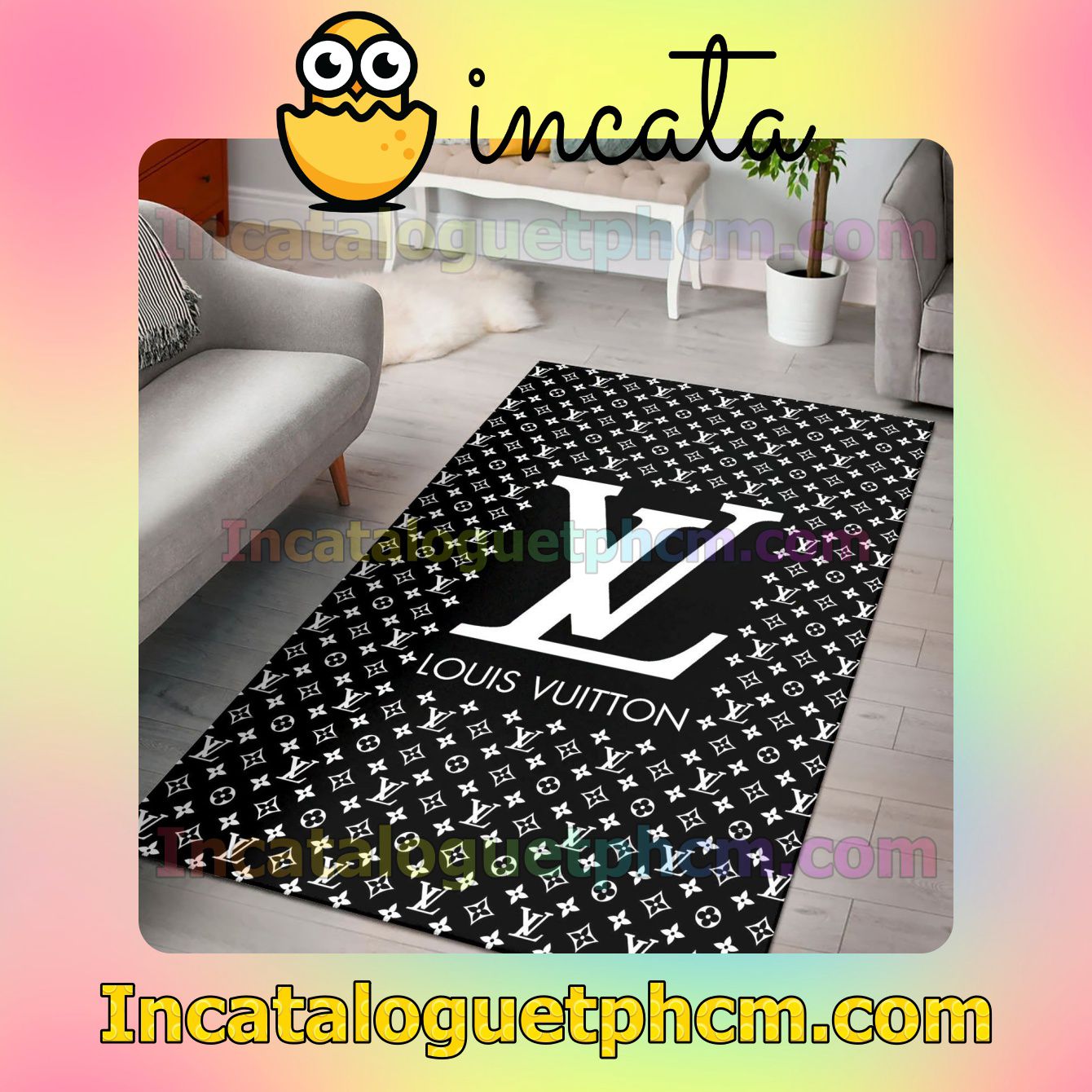 Louis Vuitton Monogram With White Big Logo Center Black Carpet Rugs For Kitchen