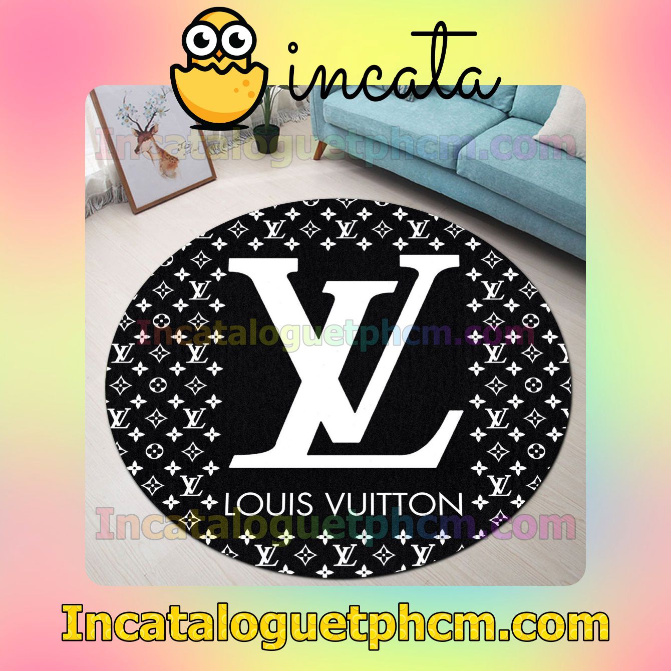 Louis Vuitton Monogram With White Big Logo Center Black Round Carpet Rugs For Kitchen