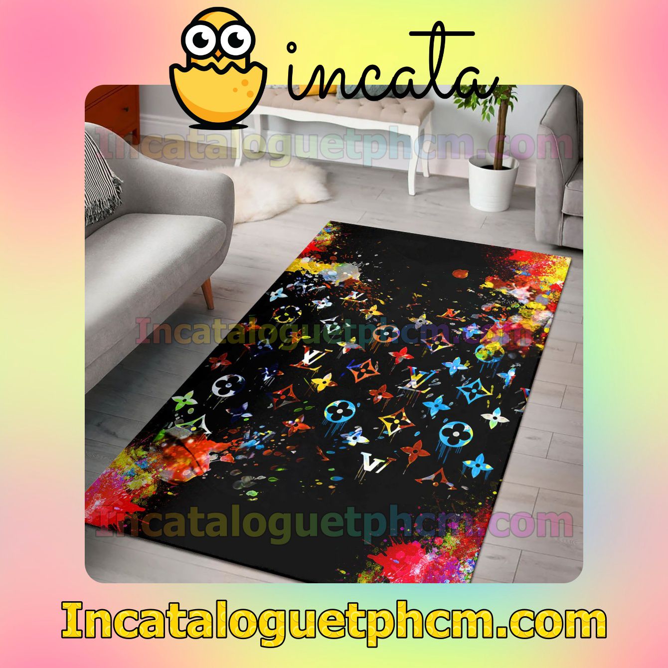 Louis Vuitton Multicolor Splatters Black Carpet Rugs For Kitchen