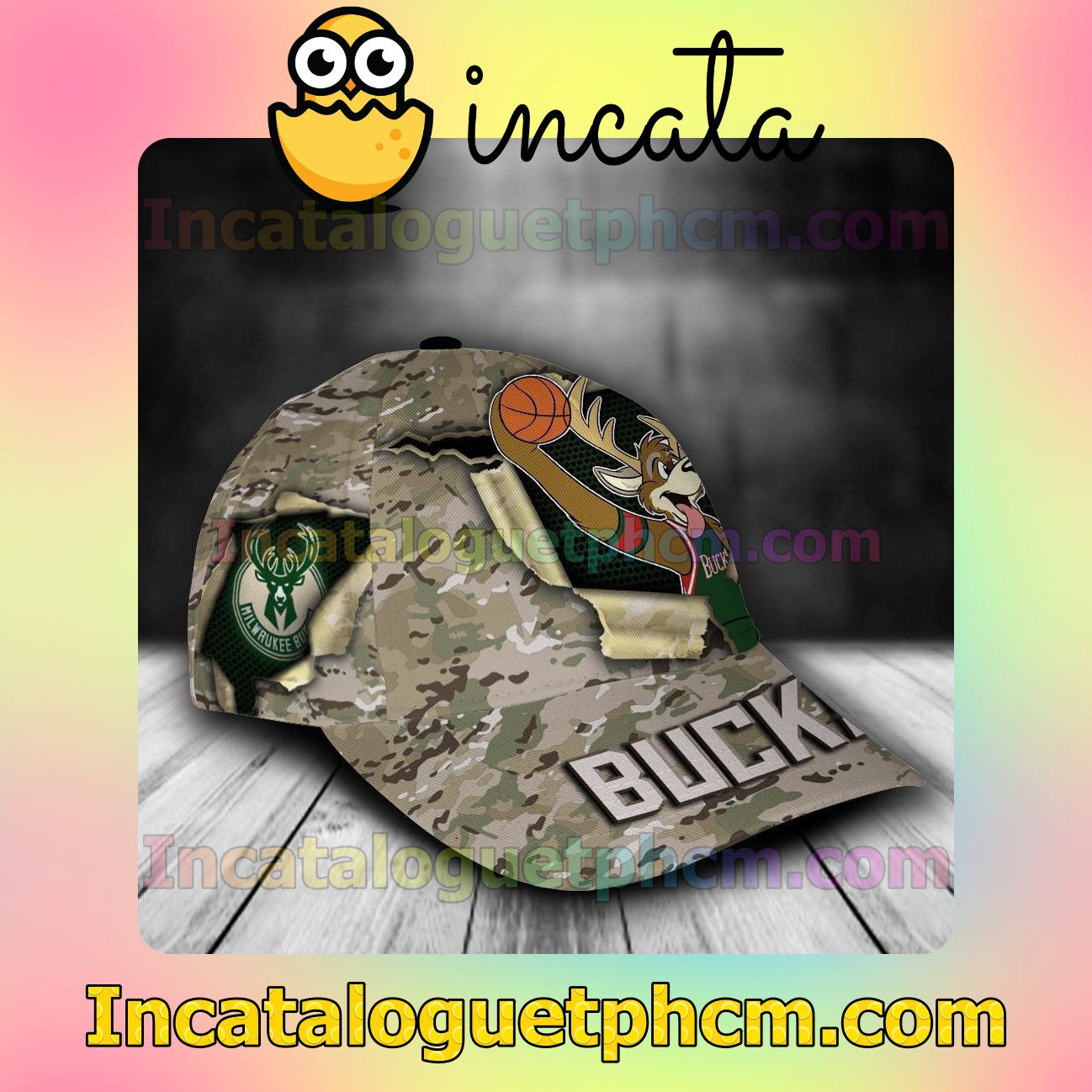 Us Store Milwaukee Bucks Camo Mascot NBA Customized Hat Caps
