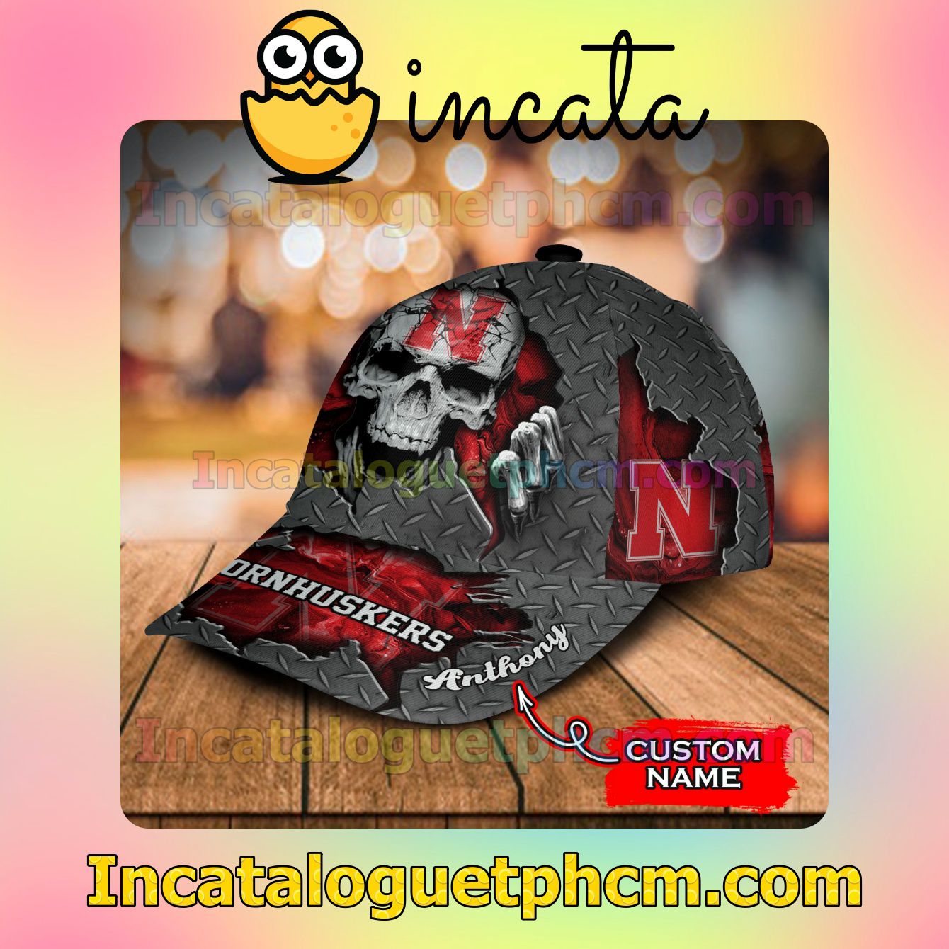 Buy In US Nebraska Cornhuskers SKULL NCAA Customized Hat Caps