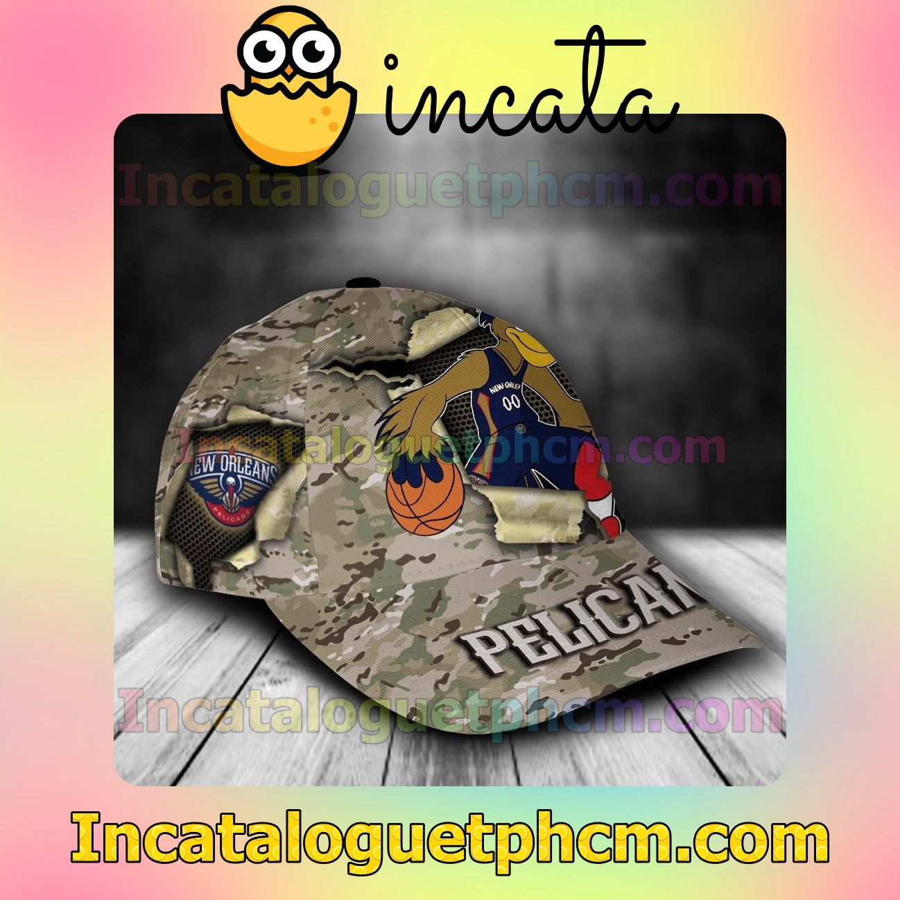Discount New Orleans Pelicans Camo Mascot NBA Customized Hat Caps