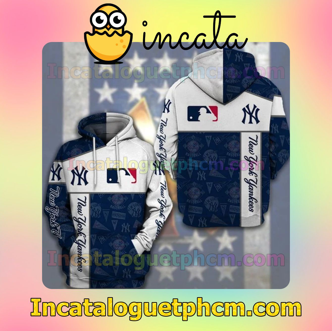 New York Yankees Logo And Symbol Full Print White And Navy Nike Zip Up Hoodie