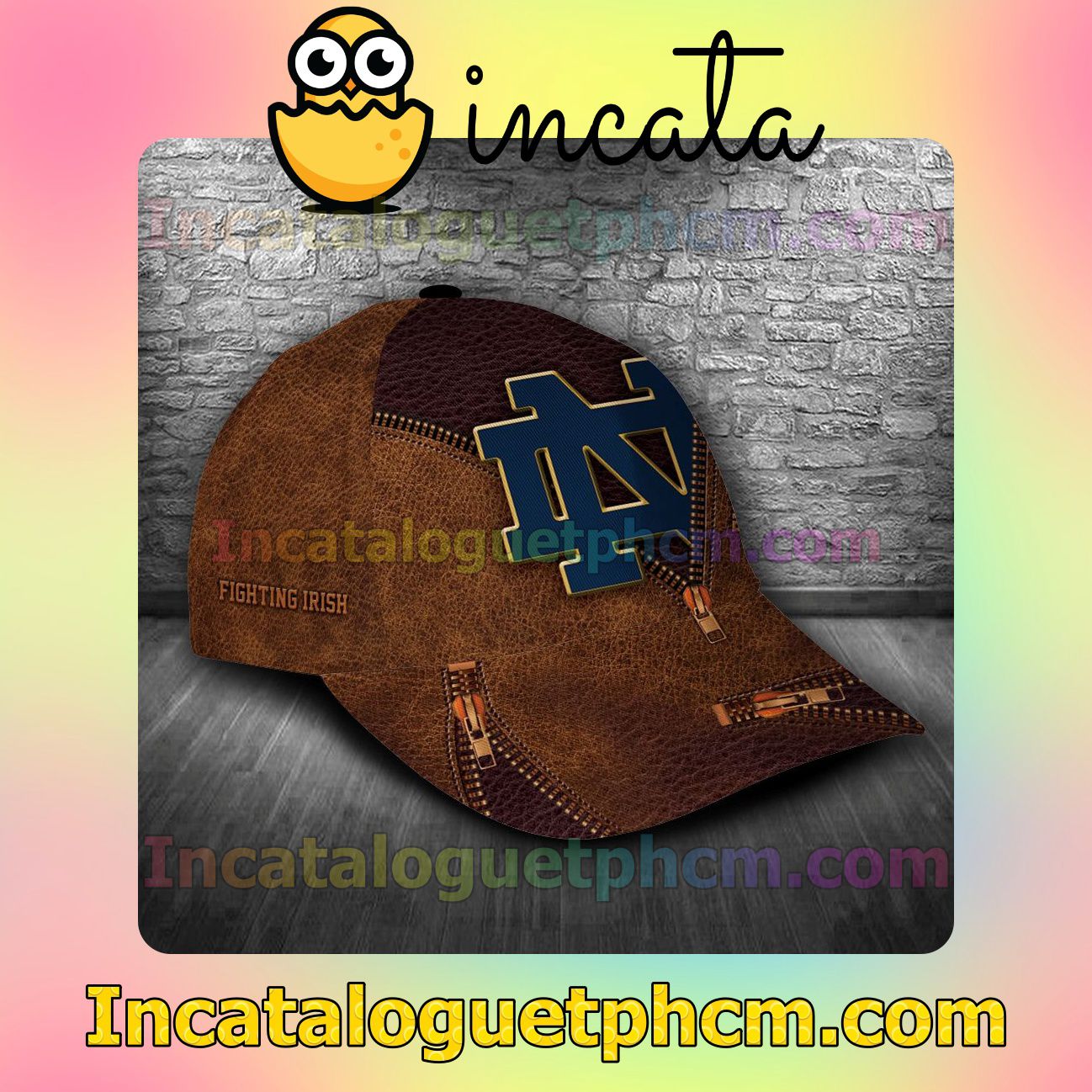 Sale Off Notre Dame Fighting Irish Leather Zipper Print Customized Hat Caps