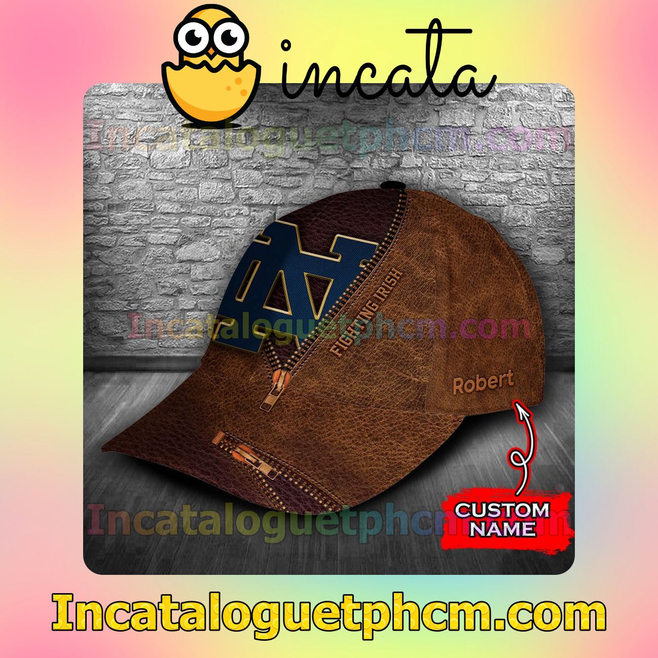 Real Notre Dame Fighting Irish Leather Zipper Print Customized Hat Caps