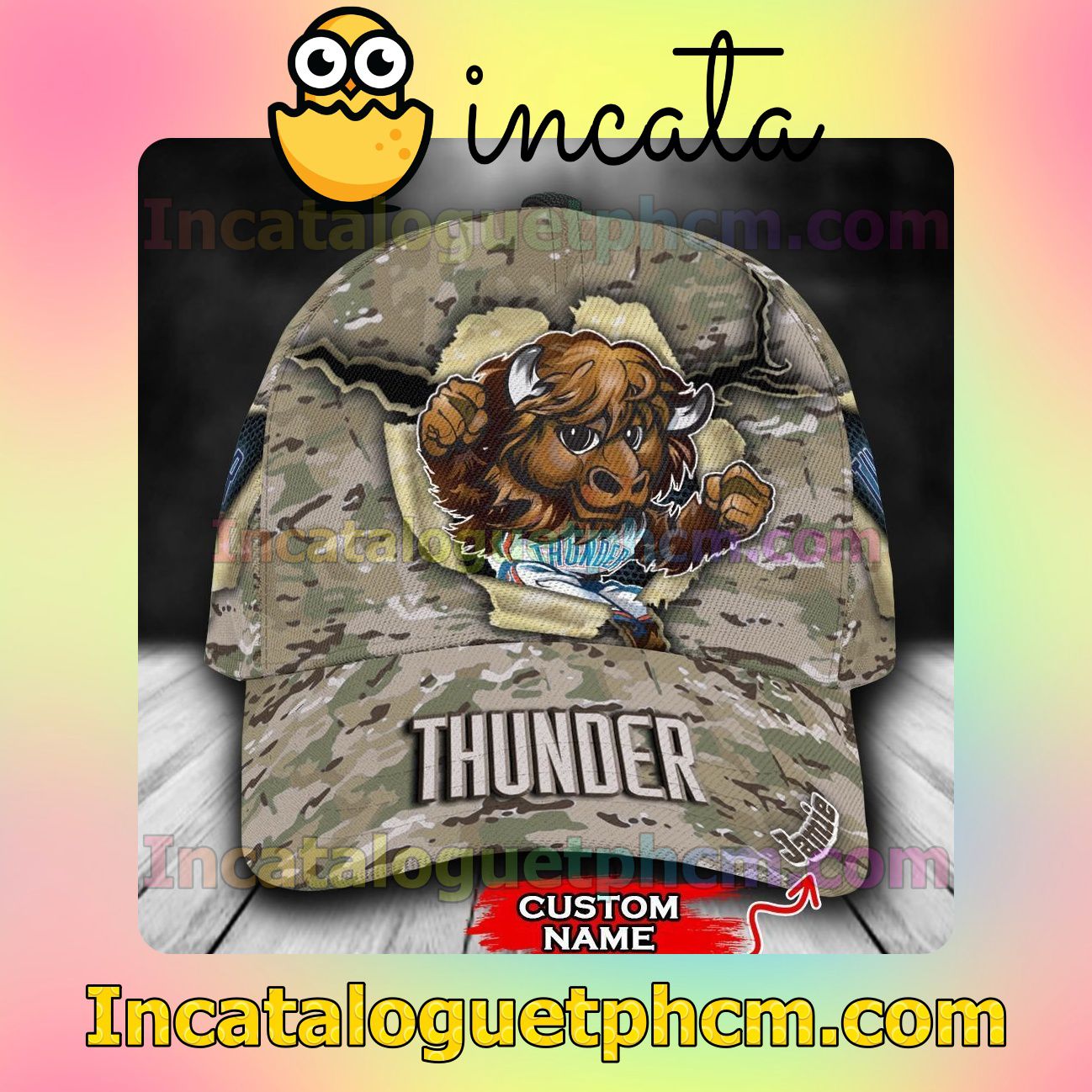Present Oklahoma City Thunder Camo Mascot NBA Customized Hat Caps