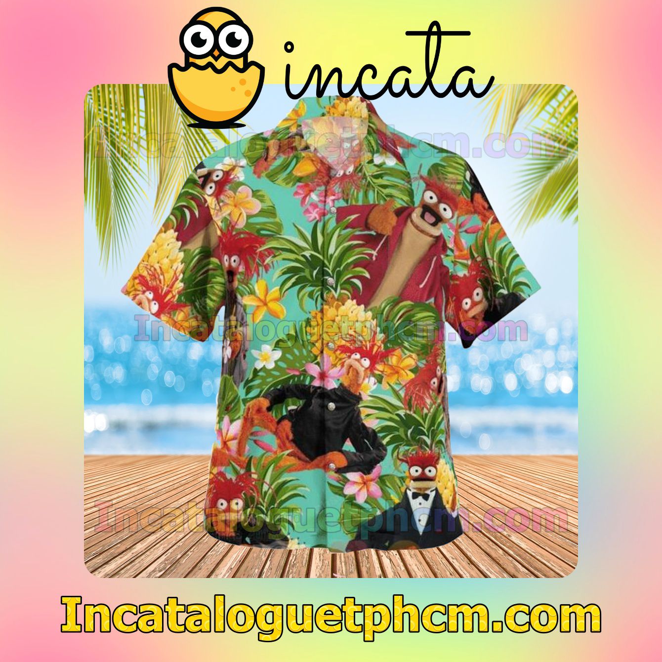 Very Good Quality Pepé The King Prawn The Muppet Tropical Pineapple Short Sleeve Shirt