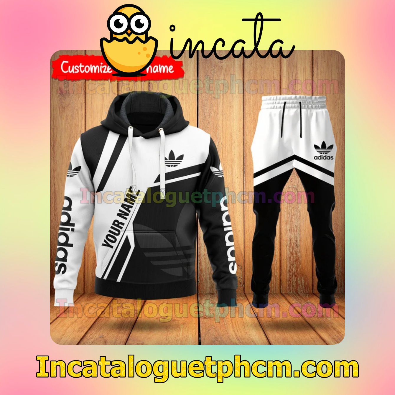 Get Here Personalized Adidas Black And White Zipper Hooded Sweatshirt And Pants