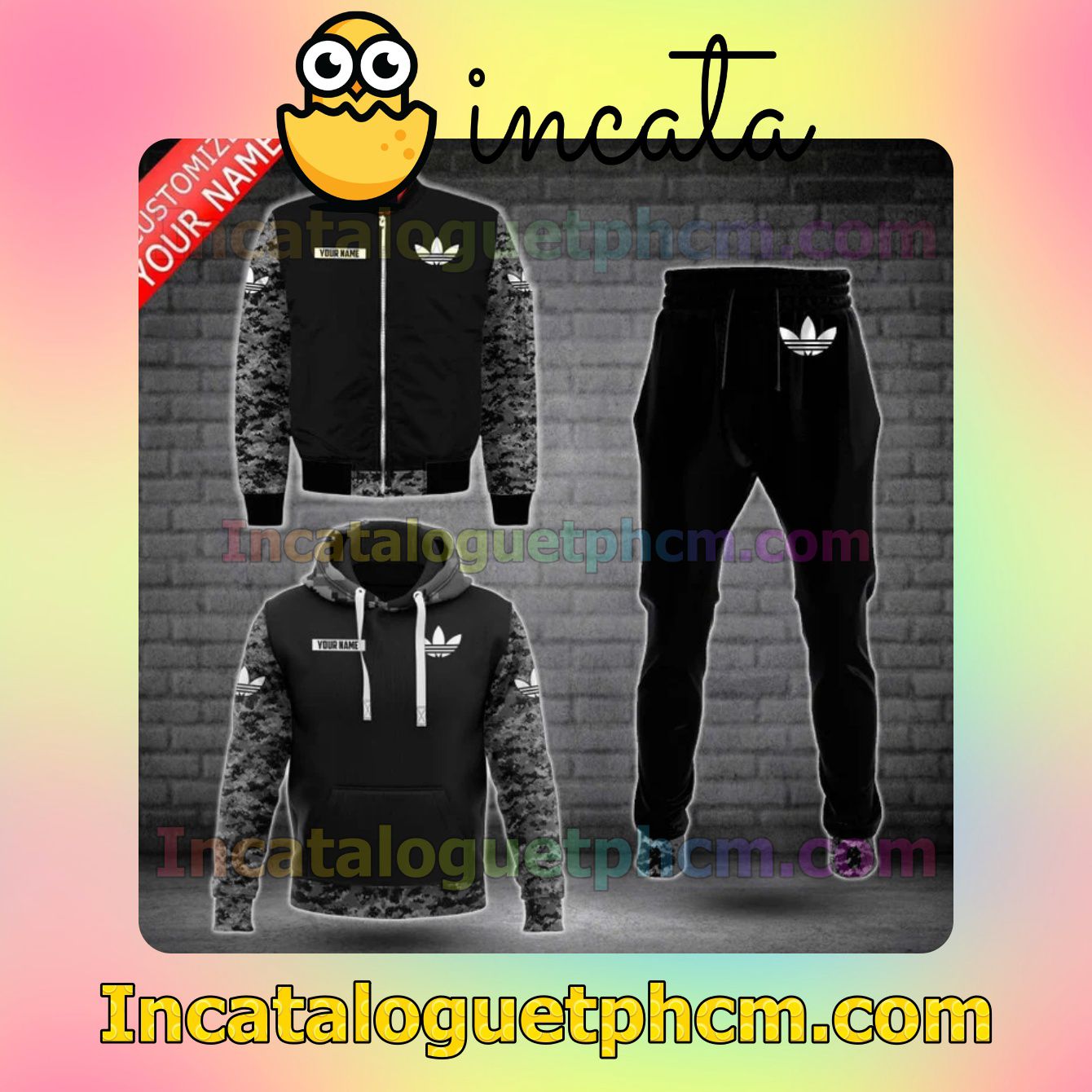 Only For Fan Personalized Adidas Black With Grey Camouflage Zipper Hooded Sweatshirt And Pants
