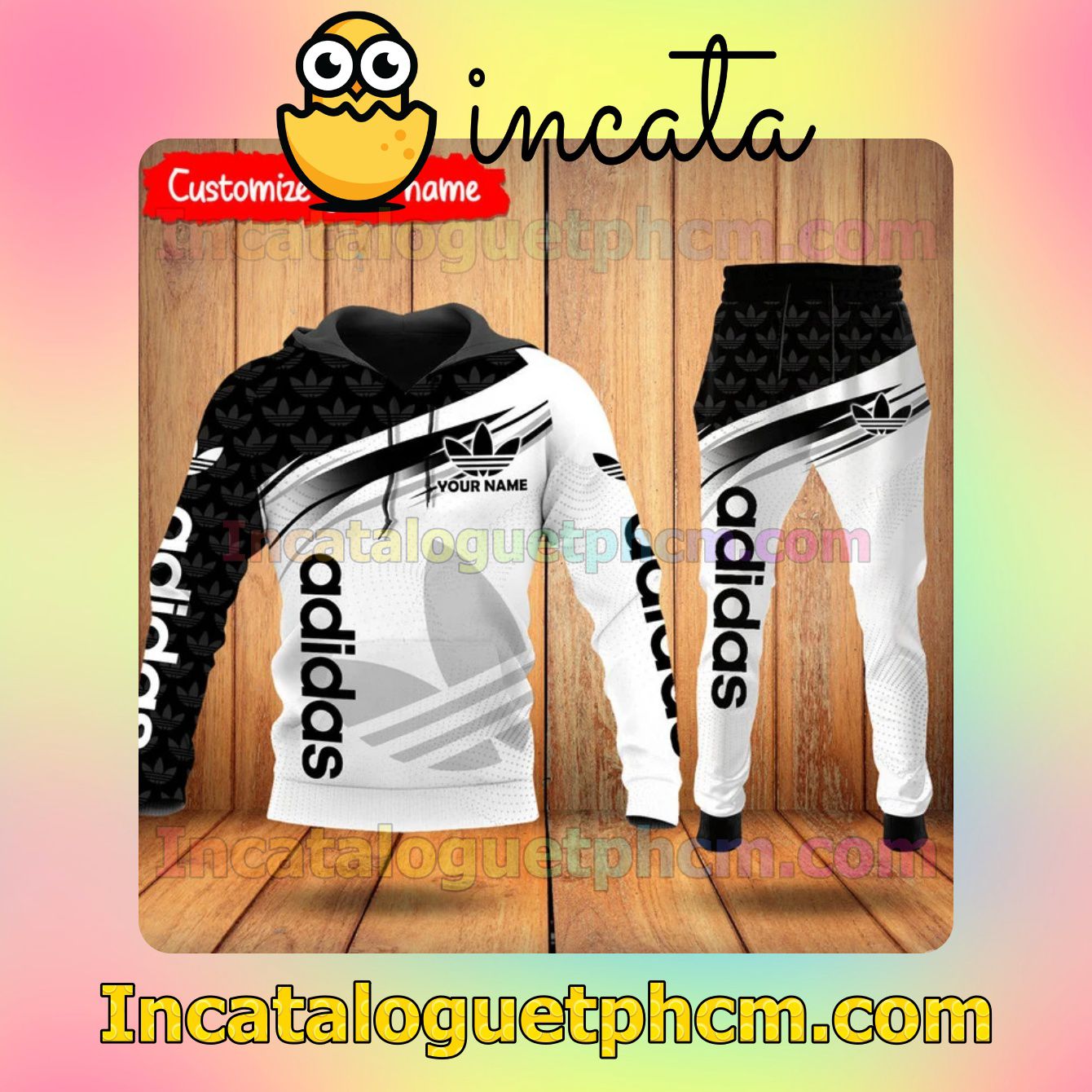 Adorable Personalized Adidas Brand Logo Print Black And White Zipper Hooded Sweatshirt And Pants